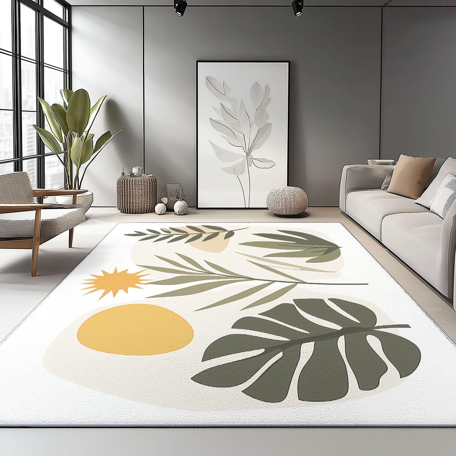 Tapis Descente de Lit Chambre Bohème Feuilles Tropicales Illustration, 60 x 110 cm Lavable Cachemire Ultrafin Tapis à Poils Courts avec Support Antidérapant, Décoratif Intérieur Blanc