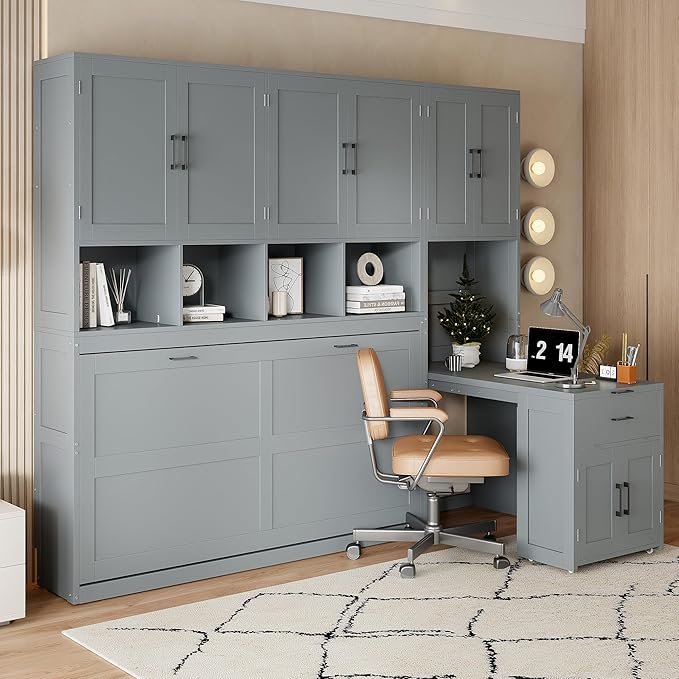 Harper & Bright Twin Size Murphy Bed with Desk, Gray