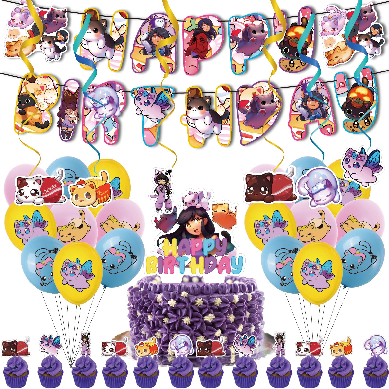 38Pcs Cartoon ???????????? Plushies Cat Birthday Party Supplies Party Favor Set Includes Happy Birthday Banner, Balloons,Cake Toppers for Birthday Party Decorations