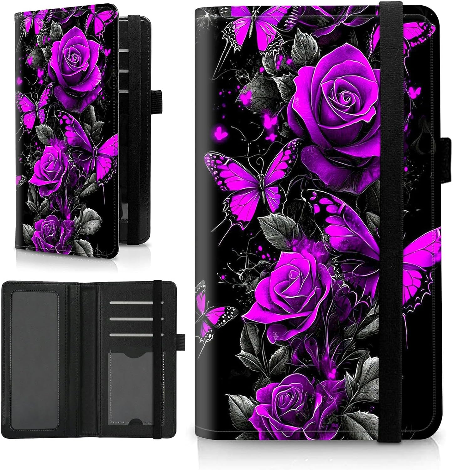 Purple Rose Black Leather Check Book Cover for Personal Checkbook with Duplicate Checks, RFID Blocking Women Men Slim Wallet with Pen Holder & Clear Plastic Divider, Check Registers Cover