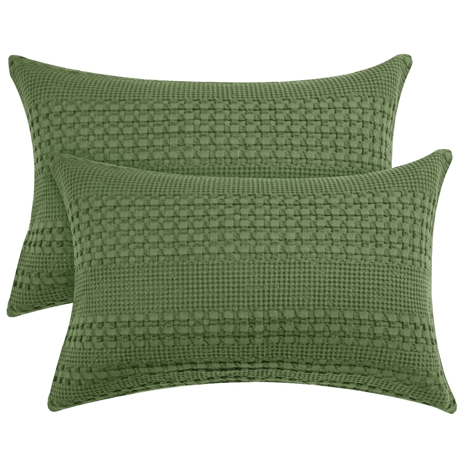 PHF 100% Cotton Waffle Pillowcases King Size, 2 Pack Soft Breathable Skin-Friendly Pillow Sham, Decorative Waffle Weave Pillow Case Covers, 20" X 36", No Filling, Olive Green