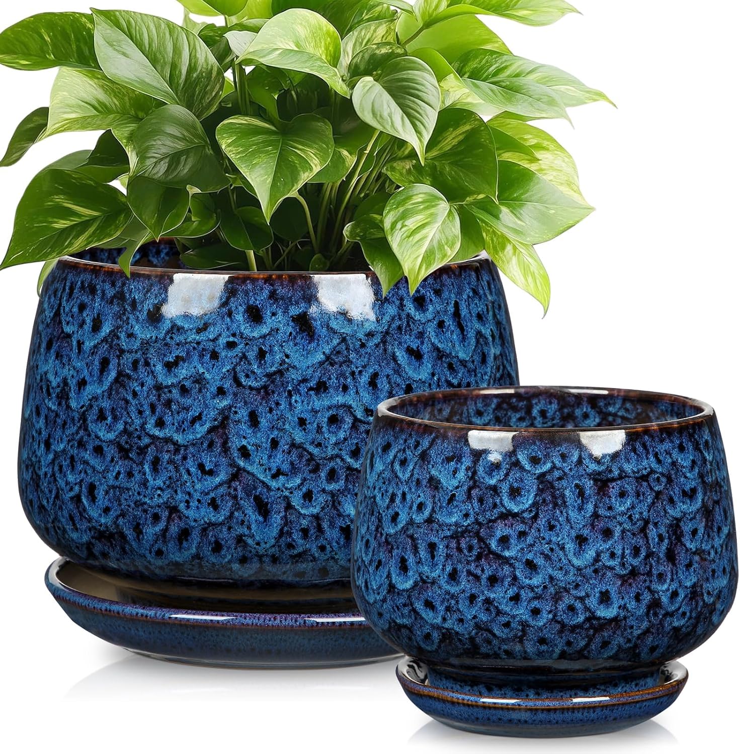 Blue Ceramic Planter Pots with Drainage Holes, Set of 2 7''+5'' Saucers Large Round Plant Pot for Indoor-Outdoor Plants, Succulent Orchid Flower