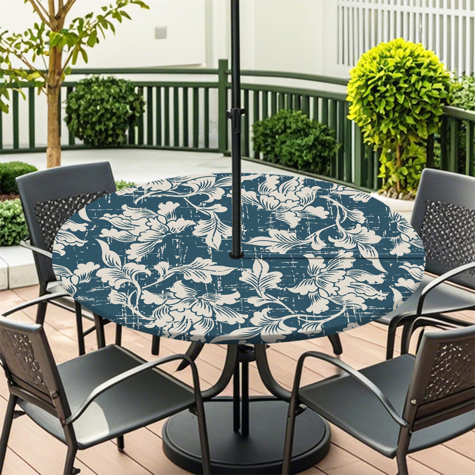 Fasbuy Outdoor Round Tablecloth with Parasol Hole and Zipper, Wipeable Table Cloth Waterproof, Vintage flower printing Tablecloths Elastic Edge for Patio Garden (Dark blue,L)