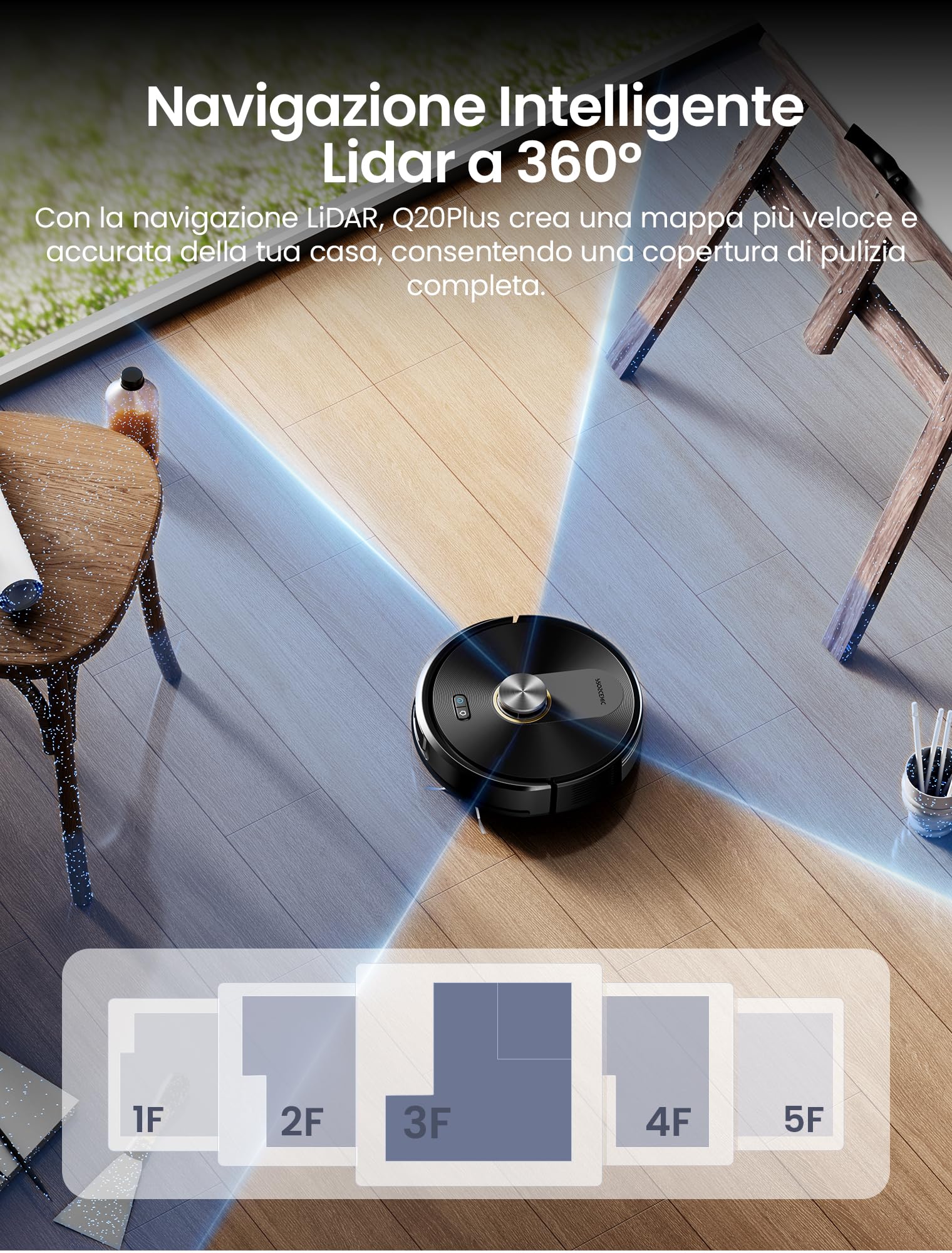 Proscenic Q20 Plus Robot Aspirapolvere Lavapavimenti con Mappatura 10000Pa, 200 Minuti Autonomia, Senza Sacco,Aspirapolvere Robot Lavapavimenti Mappatura con Stazione per Tappeti/Pavimenti