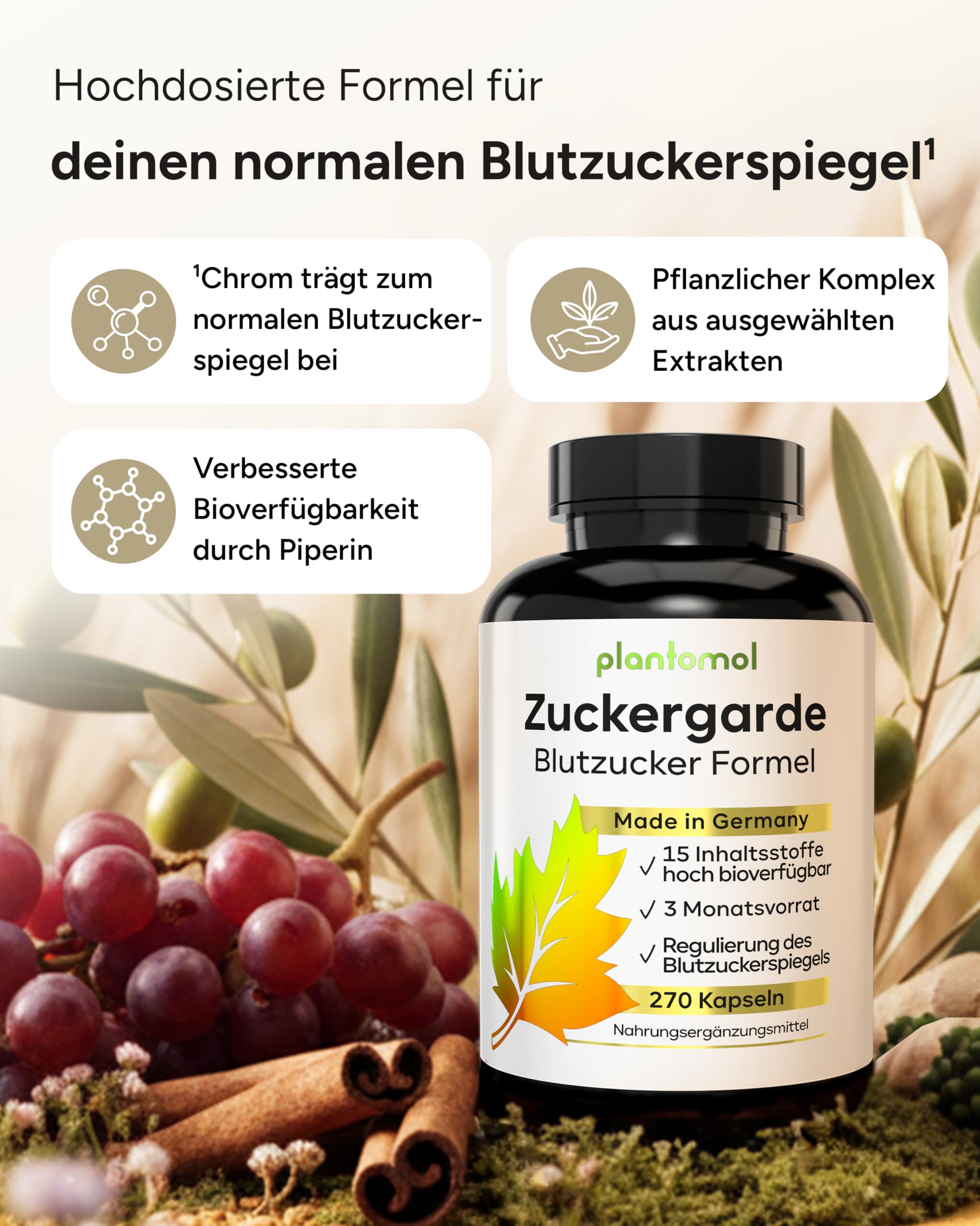 15-fach Blutzucker Komplex mit Kurkuma Olivenblatt OPC Bittermelone schwarzer Kreuzkümmel & Chrom - 3 Monatsvorrat Blutzucker Kapseln - Zuckergarde