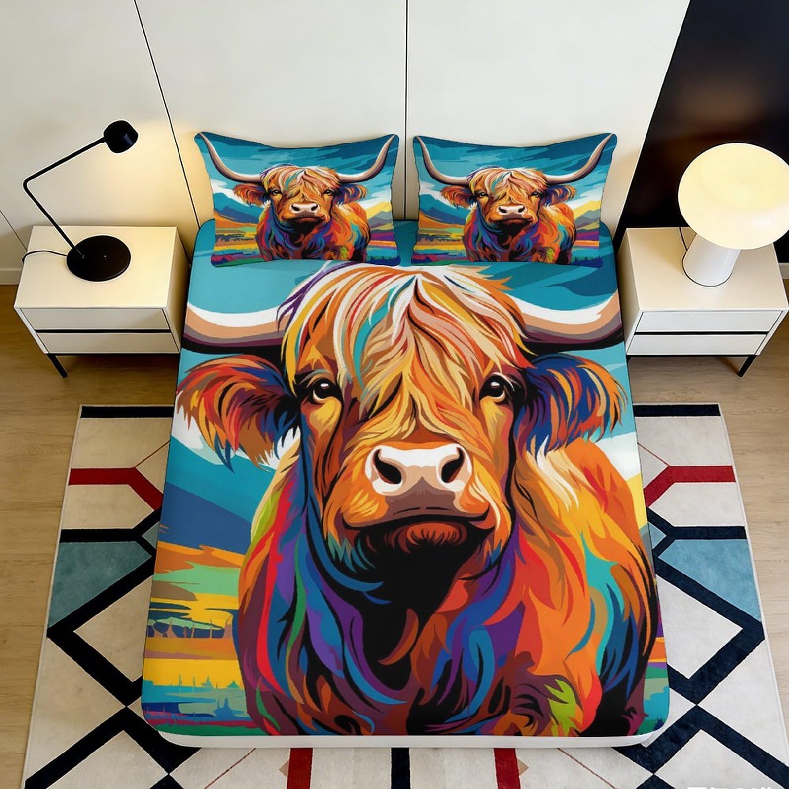 3D Printed Colorful Highland Cow Fitted Sheet Microfiber Soft Mattress Cover for Bedroom Guest Room Easy Care Decor 90x200x25cm