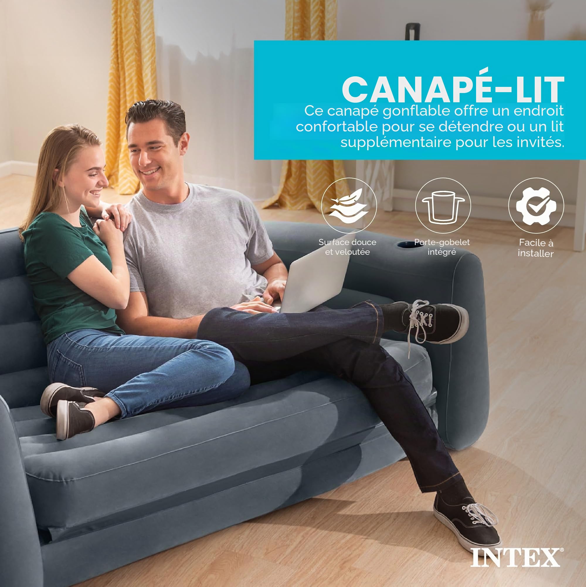 Intex Canapé-lit de Camping Gonflable avec 3 valves de gonflage et de dégonflage Rapides, 203,2 x 231,14 x 66,04 cm, Gris Anthracite