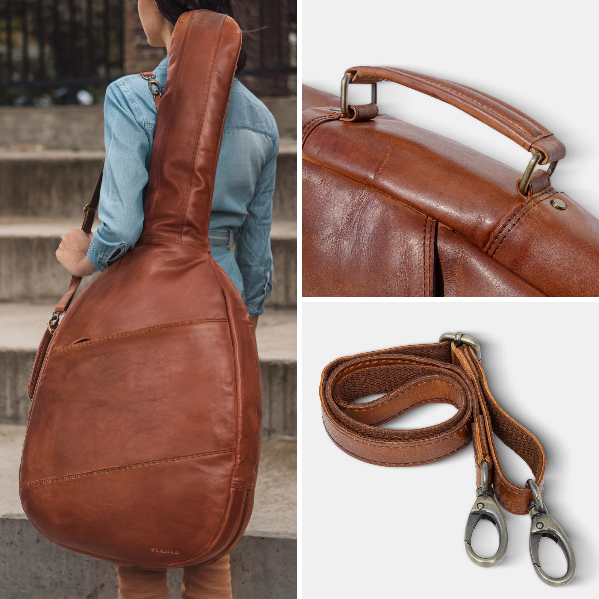 STILORD 'Elvis' Premium Leder Gitarrentasche für 4/4 Gitarren 39', 40' und 41' Natürlich Wasserabweisende Gigbag für Akustik- und Konzertgitarren Gefütterte Gitarrenhülle, Farbe:Brandy - Cognac