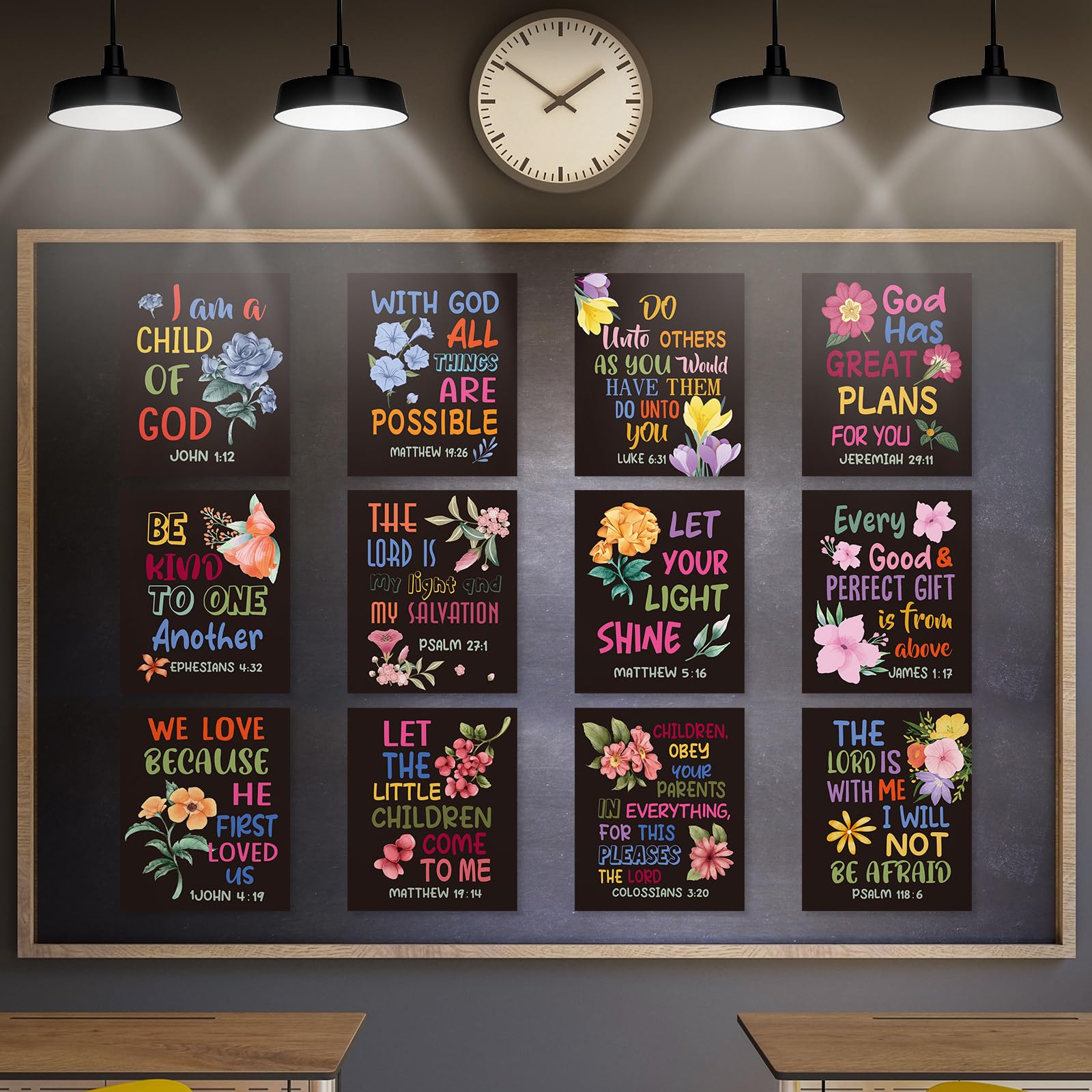 12 Pcs Bible Verse Posters for Kids Colorful Christian Wall Art Poster Inspirational Religious Scripture God Wall Poster Decor for Classroom Church Sunday School Christian Scripture Home (Black 2)