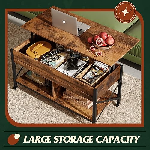 Miniatura 6 de WLIVE Coffee Table, 41.3" Lift Top Coffee Table with 4 Wheels, Hidden Compartment, Storage Shelf and Lift Tabletop for Living Room, Reception Room,