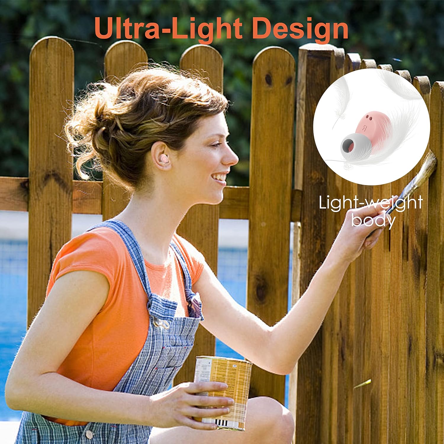 Woman painting outdoors wearing earbuds, highlighting ultra-light design