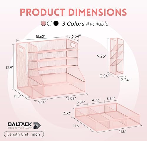 Miniatura 3 de DALTACK Organizador de escritorio de malla, bandeja de papel de 5 niveles con soporte para archivos, soporte para bolígrafo y cajón deslizante,