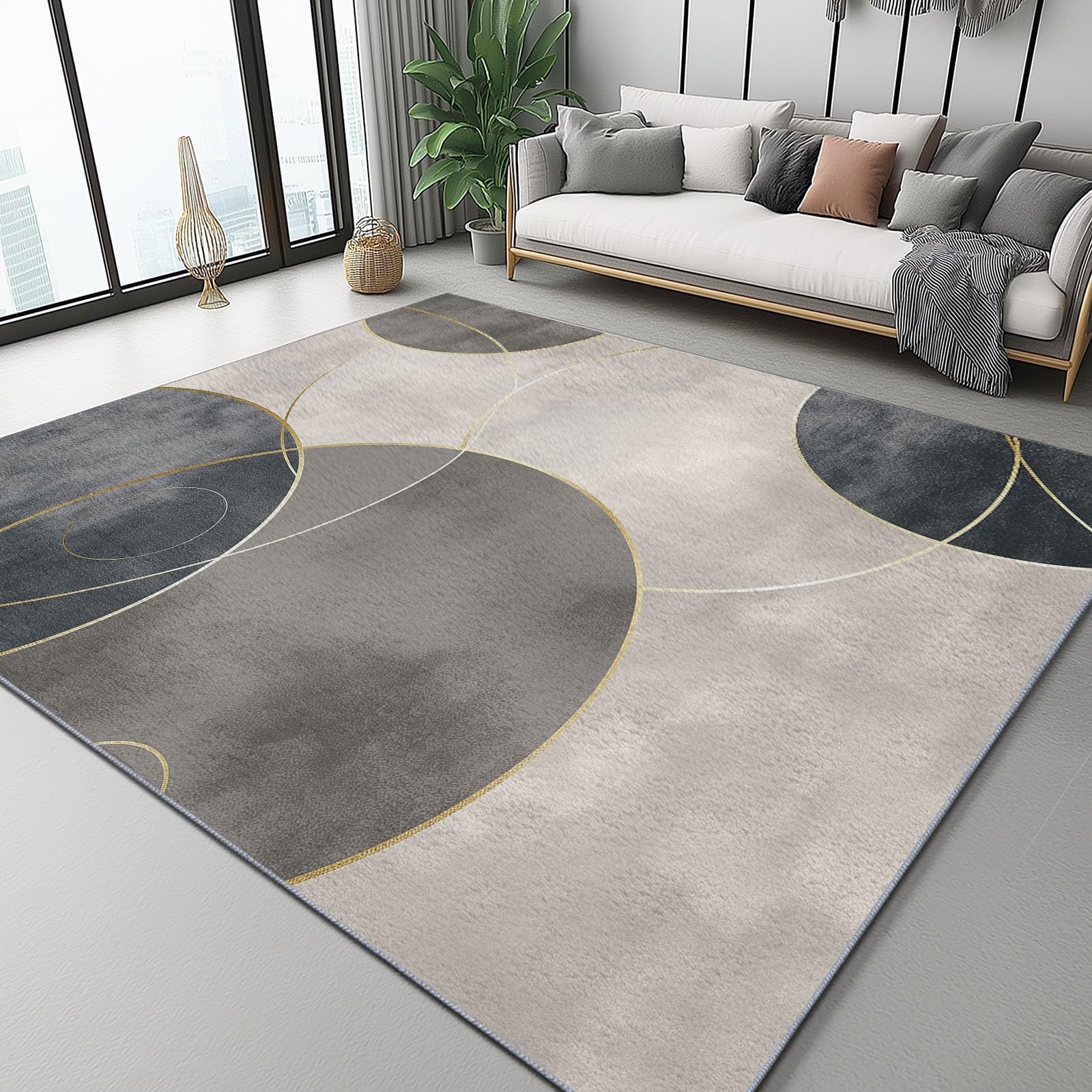 Tapis de Salon Gris Clair Motif Cercles 140 x 200 cm Poil Court