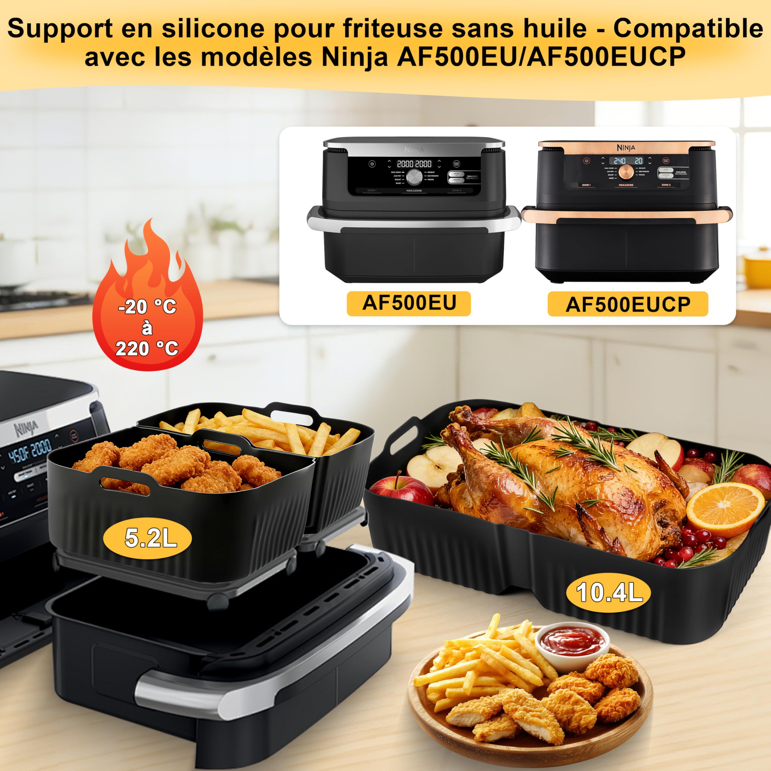 Charmofun Accessoires Air Fryer Ninja 10.4L, Moule Silicone Air Fryer pour Ninja Foodi FlexDrawer 10,4 L AF500EU/AF500EUCP(1x10,4L & 2x5,2L), Réutilisable Plat Idéal pour réunions de Famille/Amis