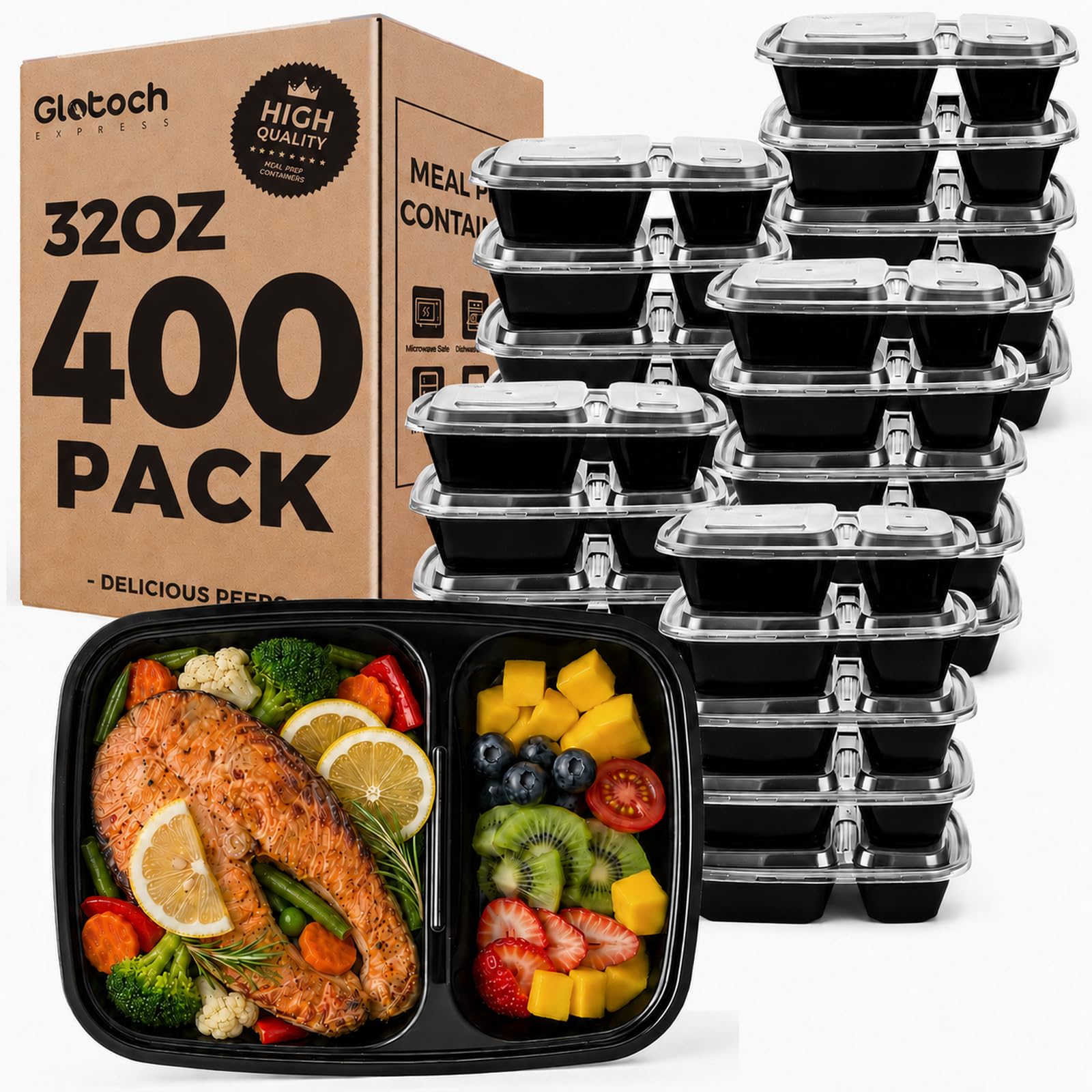 Glotoch Express 400 Pack 32 oz Meal Prep Containers,2-Compartment Reusable Food Storage Containers with Lids,Microwave Freezer Dishwasher Safe,Sturdy Leakproof&amp;BPA Free Bento Box for To Go Take Out