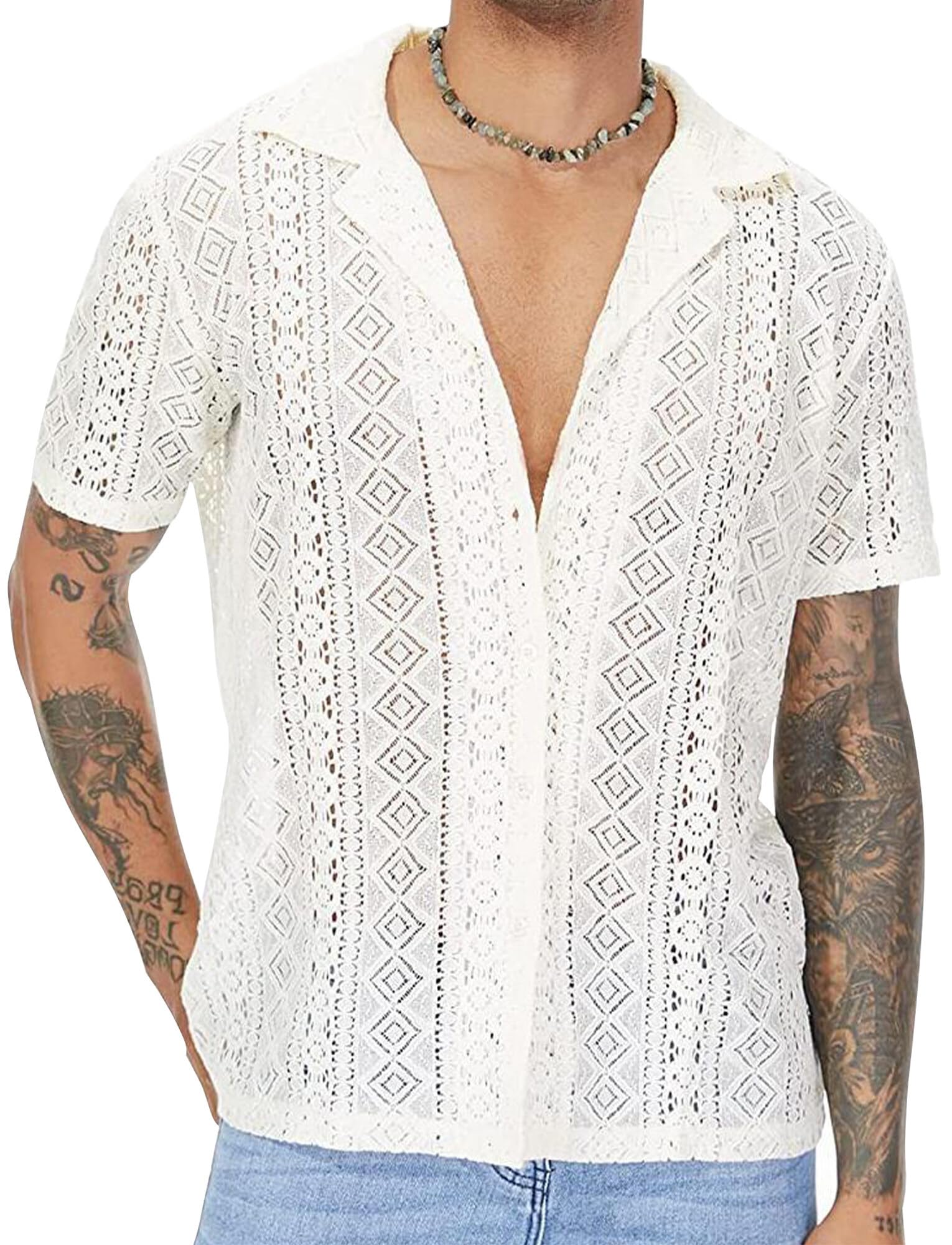 FEOYA Camicia in pizzo da uomo, maglietta a rete, a maniche corte, per discoteca, feste, rave