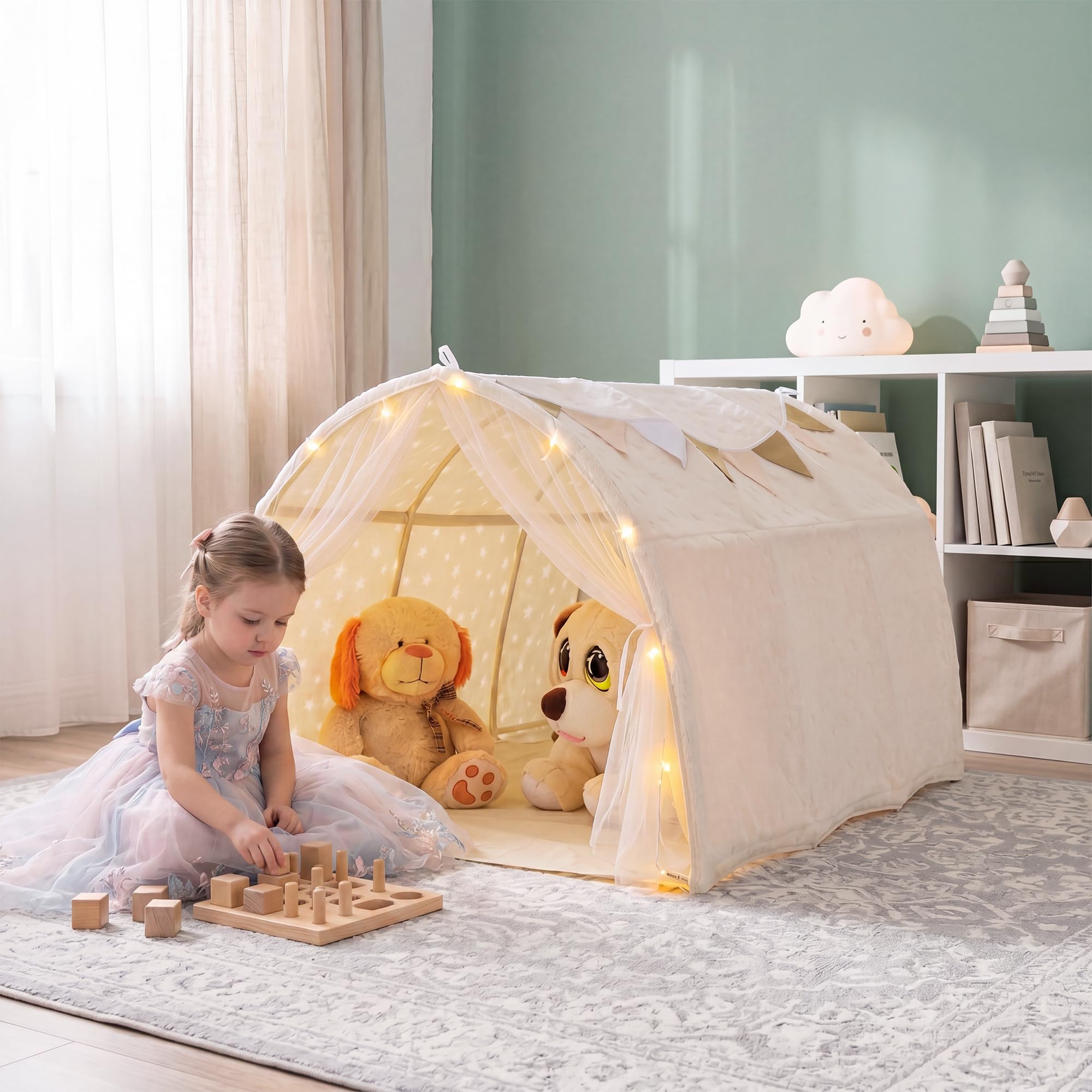 HOMASIS Kinder Bettzelt für Kinderbett, Spielzelt mit Netzvorhängen, Lichterkette & leuchtenden Sternen, Spielhaus mit Wimpeln, Spieltunnel für Jungen & Mädchen ab 3 Jahren, Spielhaus für Kinderzimmer