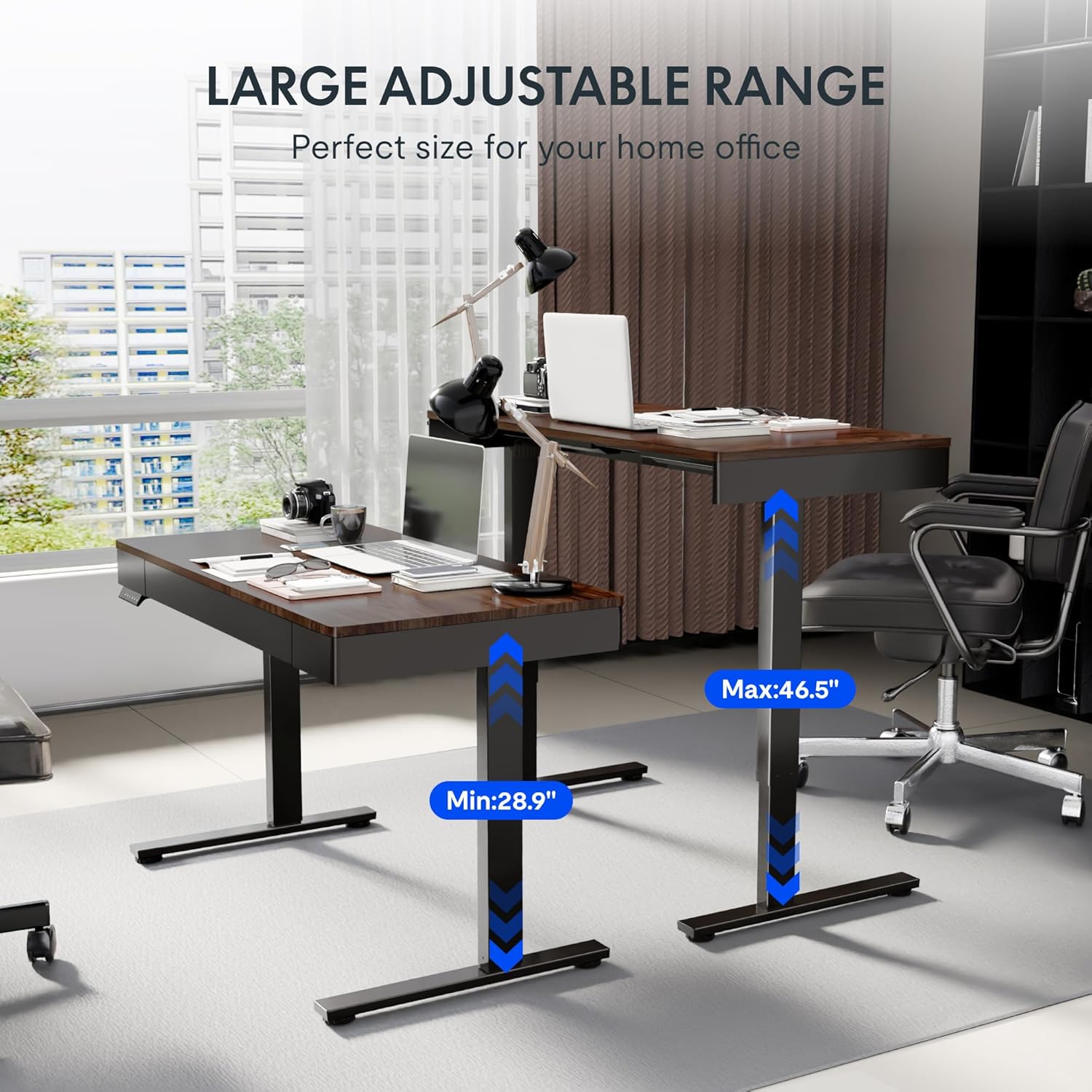 FLEXISPOT Q5 Standing Desk with Drawer, 48 x 24 Inch Electric Adjustable Height Stand Up Desk with Storage Organizer, Whole Piece Wooden Desktop for Home, Office, Computer Workstation, Dark Walnut
