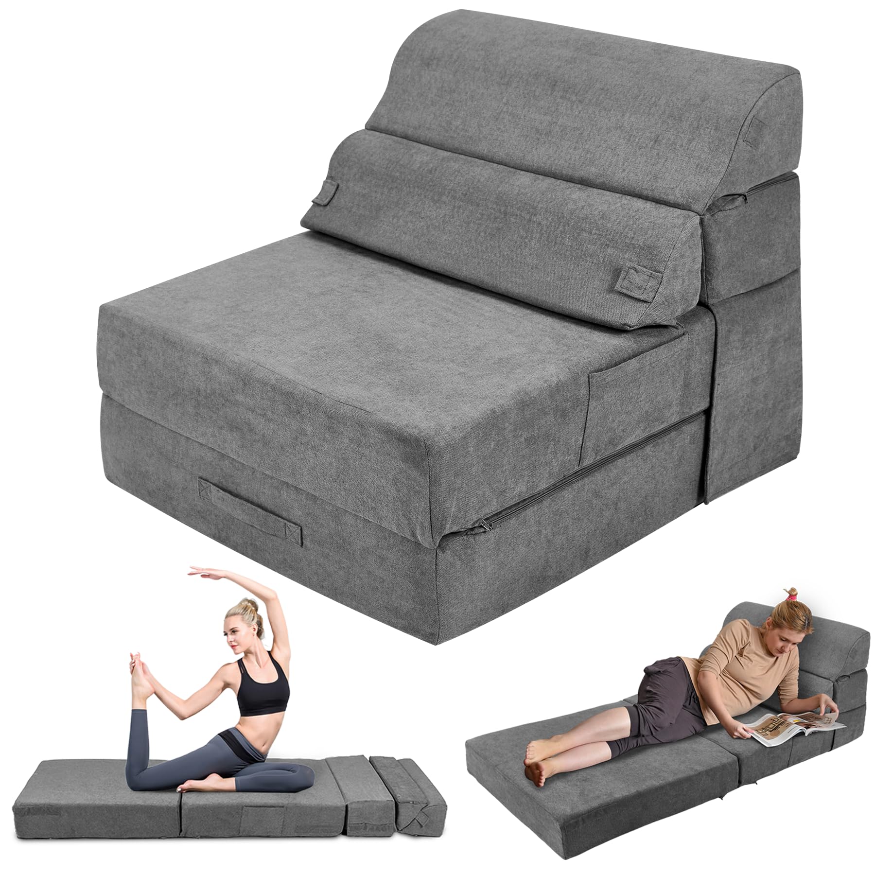 Cómodo sofá cama plegable – Sofá cama convertible gris plegable para sala de estar, dormitorio, invitados, silla plegable de suelo, colchón tumbona con respaldo para viajes, camping