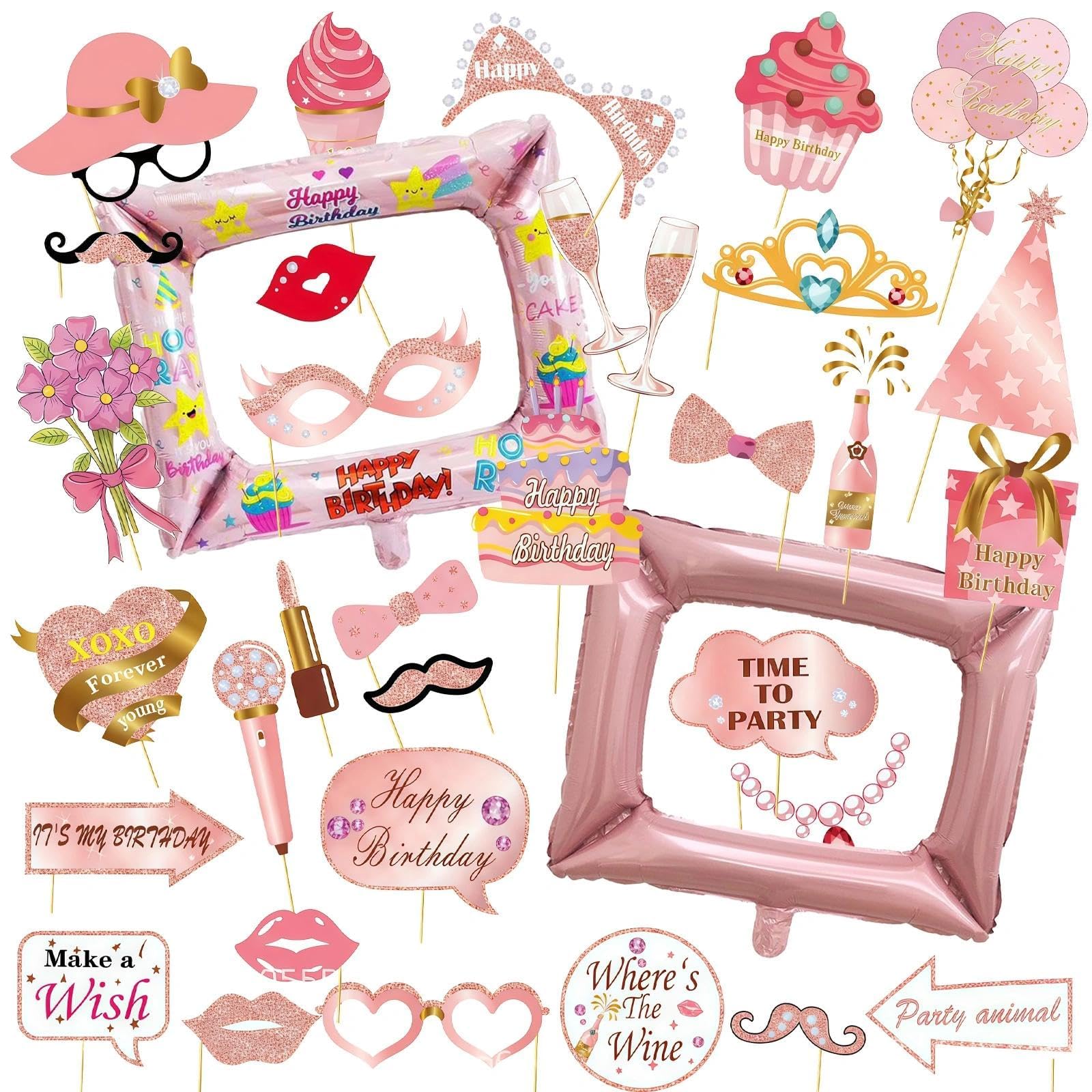 35 PCS Photo Booth Frame, Ladies Men Pink Photo Booth Prop Set for Birthday Holiday Party Supplies Theme Decorations, Inflatable Photo Booth Frame for Girls Boys Little Cute One