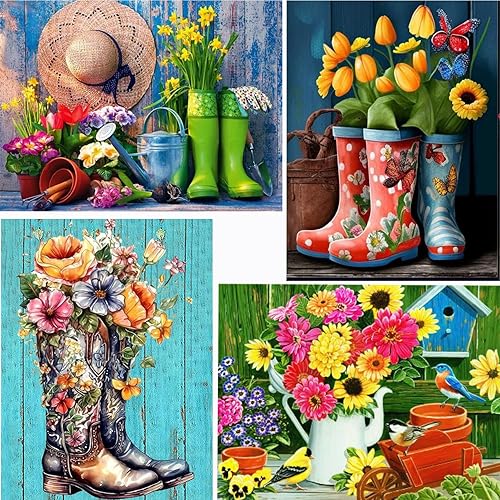 Kits de pintura de diamantes 5D para adultos, paquete de 4  Flores de botas DIY Pintura de diamante con diamantes Taladro completo Puntos de