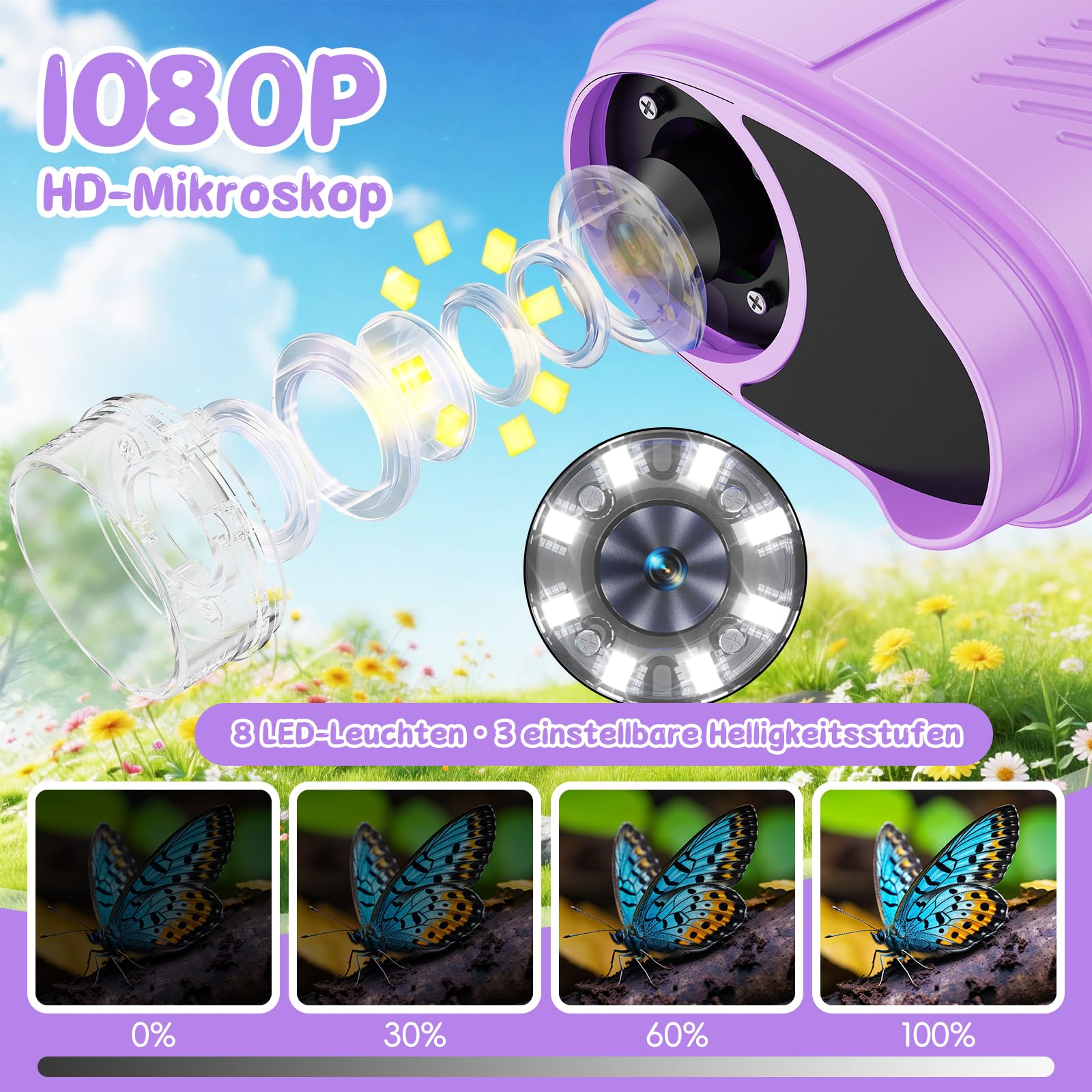 Tragbares Mikroskop für Kinder, 1000x Digitales Handmikroskop Kinder mit 2,4 Zoll IPS Bildschirm, Fotofunktion und PC-kompatibel, Kindermikroskop für Garten, Wald und Outdoor (Lila)
