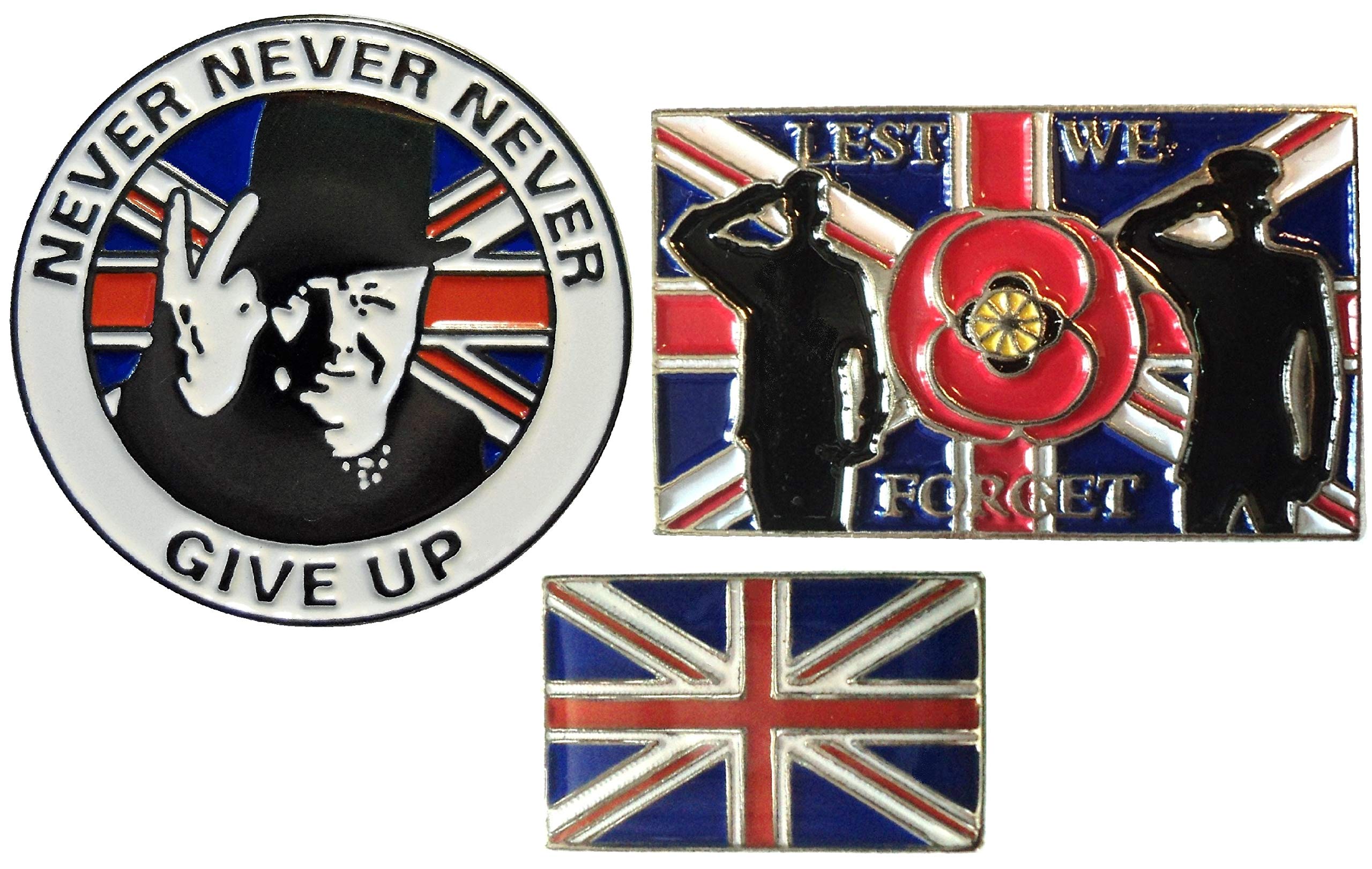WW2 NEVER GIVE UP Winston Churchill GB Flag & Lest We Forget Enamel Badges