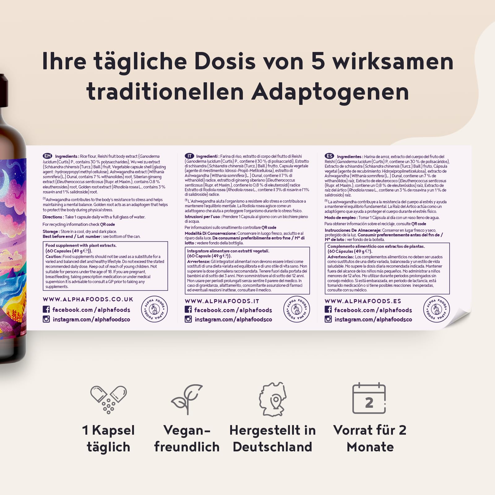 Ruhe & Ausgleich | 60 Vegane Kapseln | Entspannung mit Adaptogenen | Ashwagandha, Reishi, Schisandra, Sibirischer Ginseng, Rosenwurz | HPCL-Laborgeprüft | Alpha Foods