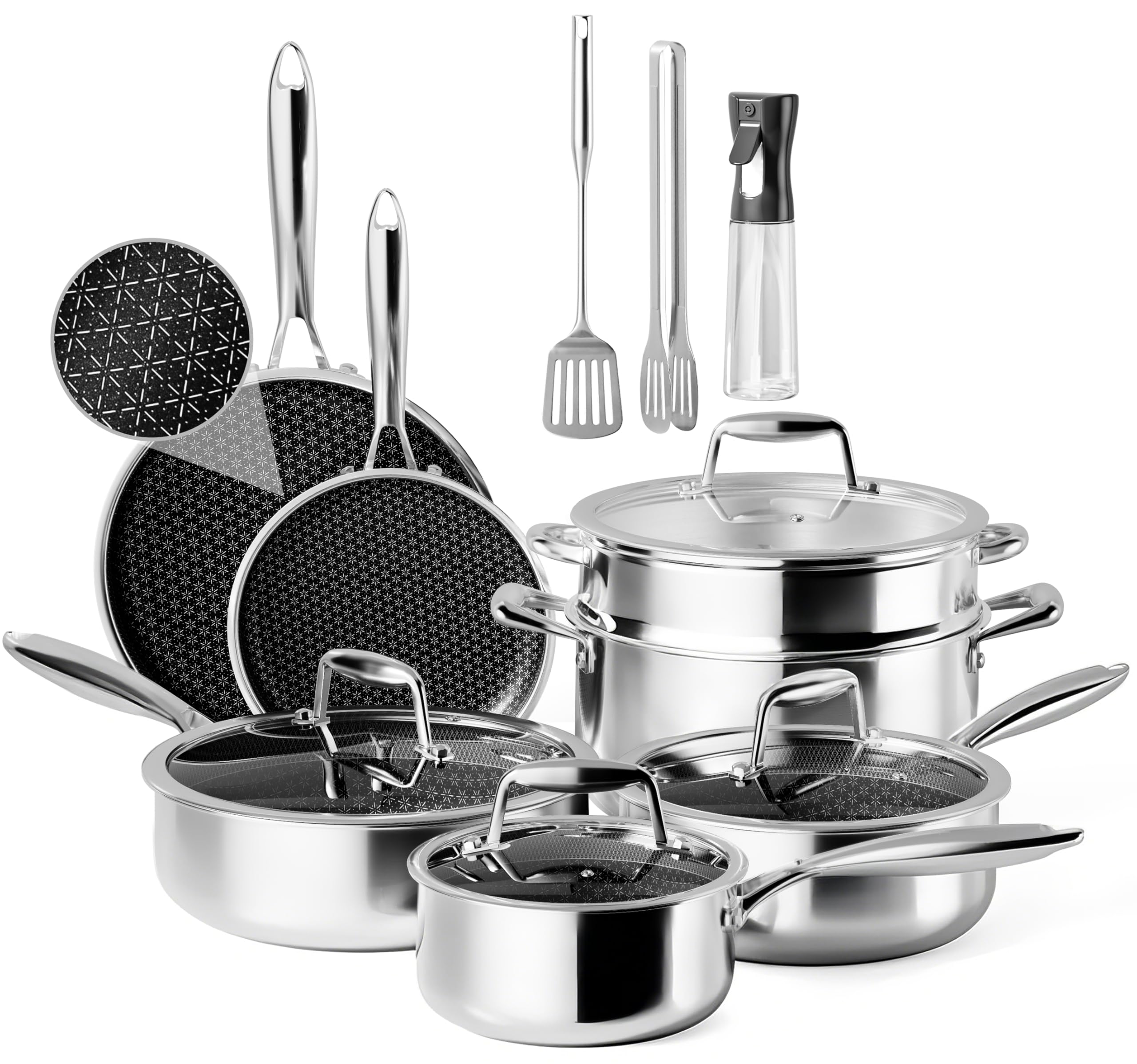 Hybrid Tri-ply Stainless Steel Cookware Set, Pots And Pans Set Non Stick with Steamer Basket, Non Toxic Induction Cookware, Kitchen Cookware Sets PFOA & PTFE Free, Dishwasher & Oven Safe