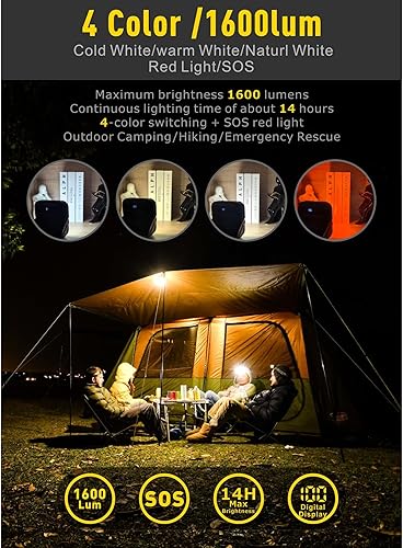Miniatura 6 de Linterna LED recargable de 20000 mAh, 1600 lm, QC3.0 22.5 W, 4 interruptores de color, IPX5 resistente al agua, perfecta para camping, senderismo y
