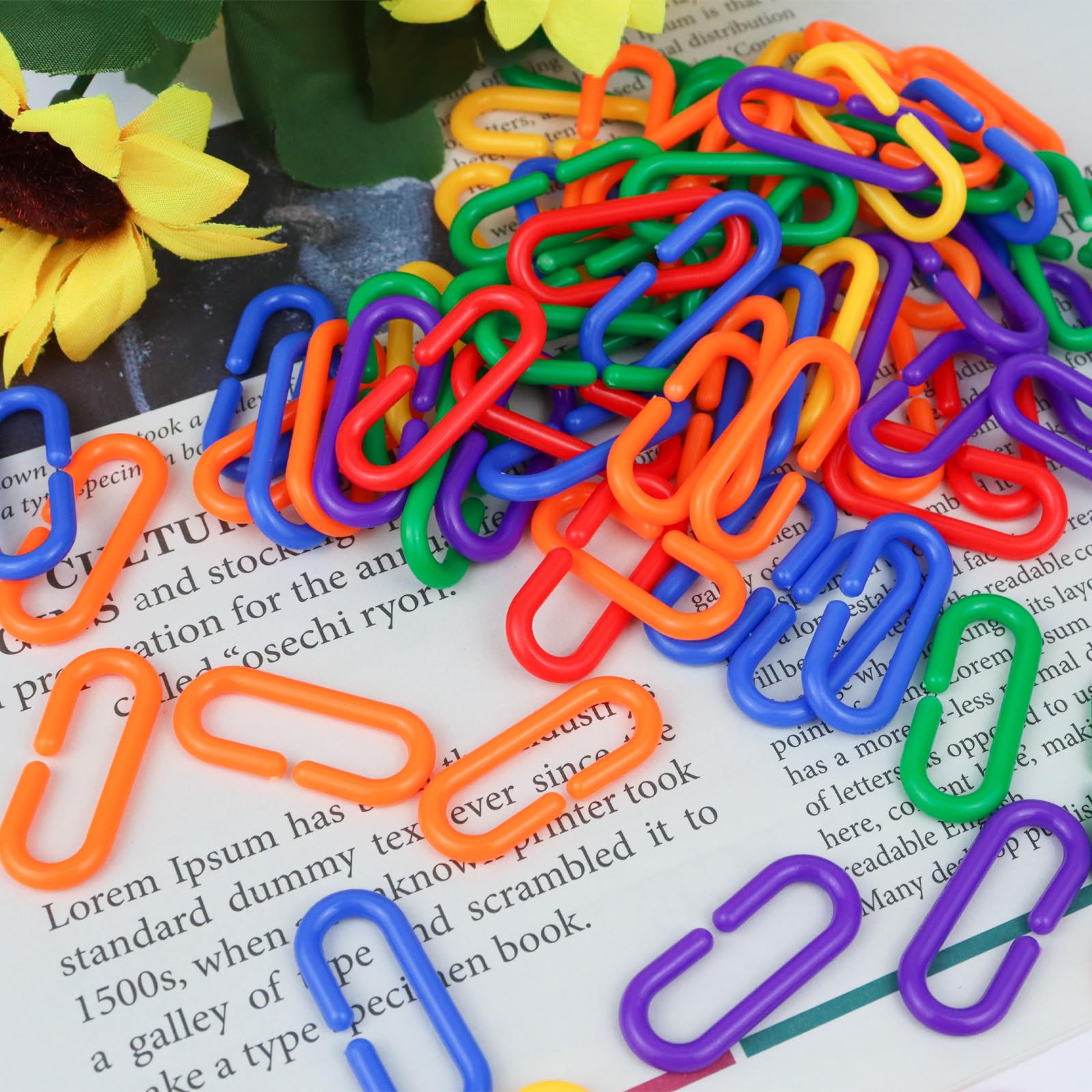 100 szt. plastikowy łańcuch dla ptaków, kolorowe klipsy C, plastikowy łańcuch dla ptaków, do huśtawki, wspinaczki, łańcuszka, papugi, ptaków, zabawka dla papugi, ptaków, (wielokolorowe)