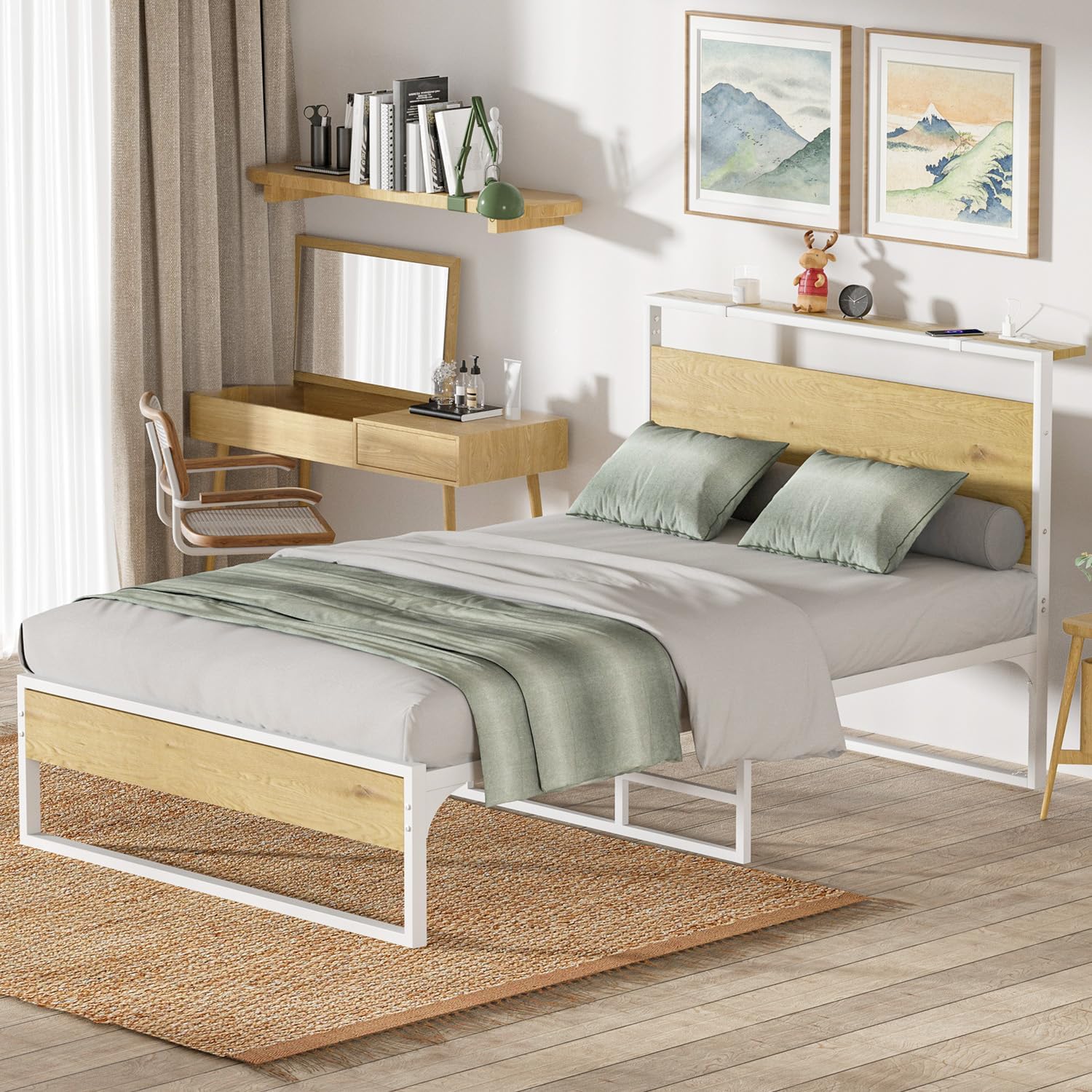 Amazon｜PRTONE ベッドフレーム セミダブルベッド 収納棚付き ベッド 2口コンセント付き ベッドフレーム セミダブル パイプベッド