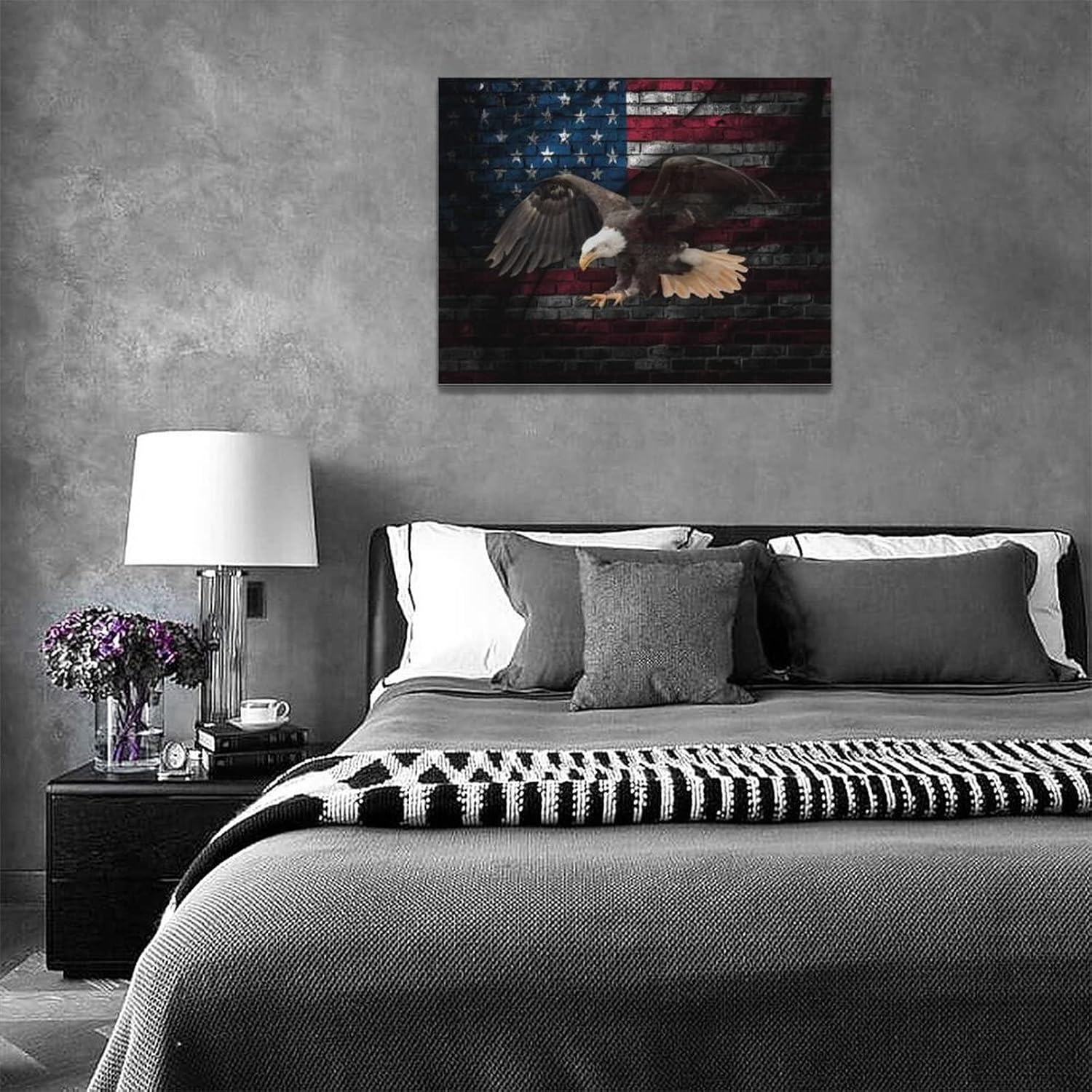 American Flag with Bald Eagle Wall Art Retro Brick Wall Flag Wall Decor Blue Red Line Canvas Prints Artwork Eagle Patriotic Pictures Home Decor Framed Ready to Hang for Home Office 12"x16"