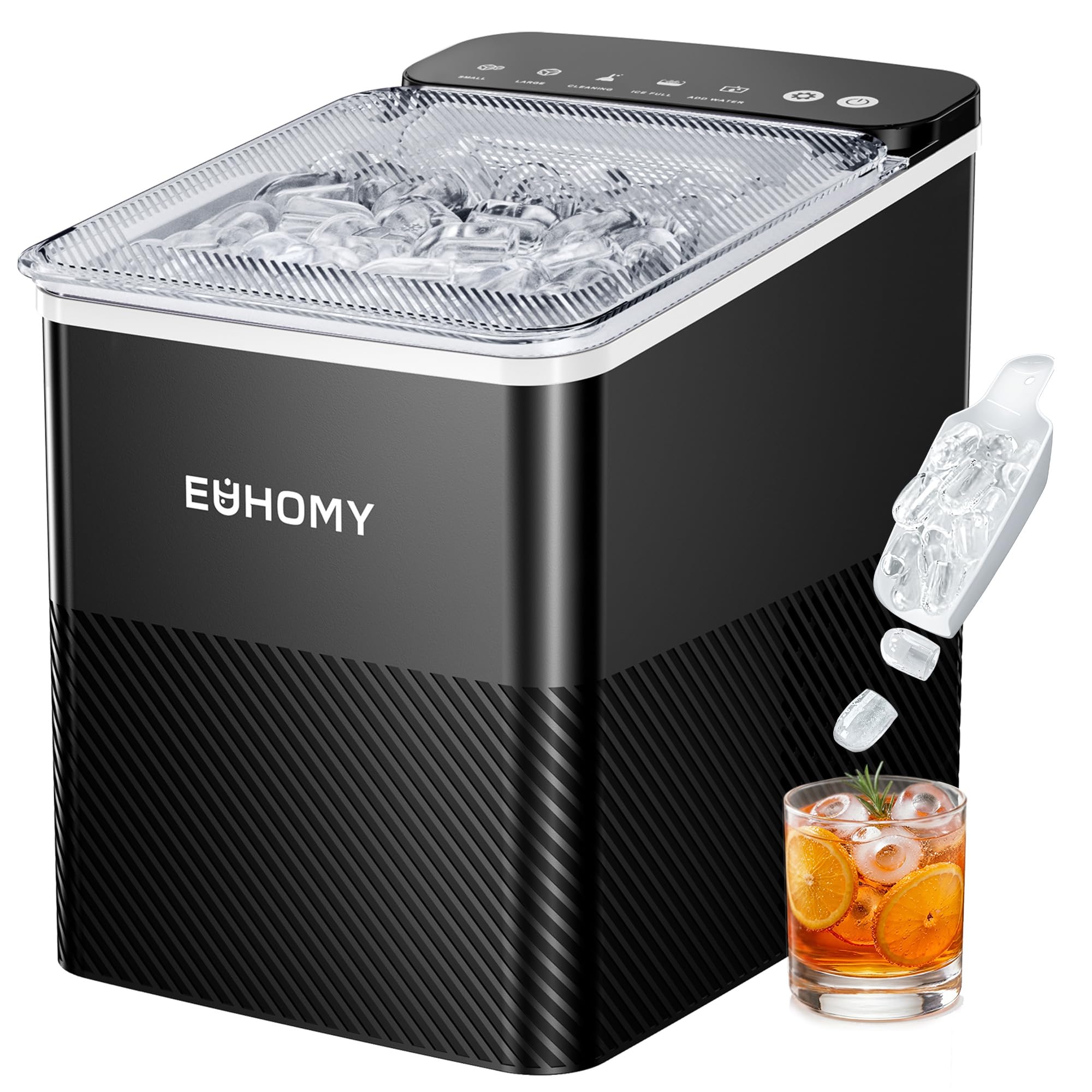 EUHOMY Eiswürfelmaschine, Kompaktes Design, Ein-Knopf-Einstellung, 9 Eiswürfel in 2 Größen, Automatische Reinigung, Intelligente Warnungen, transparenter Deckel, schwarz, für Büro/Küche/Schlafzimme