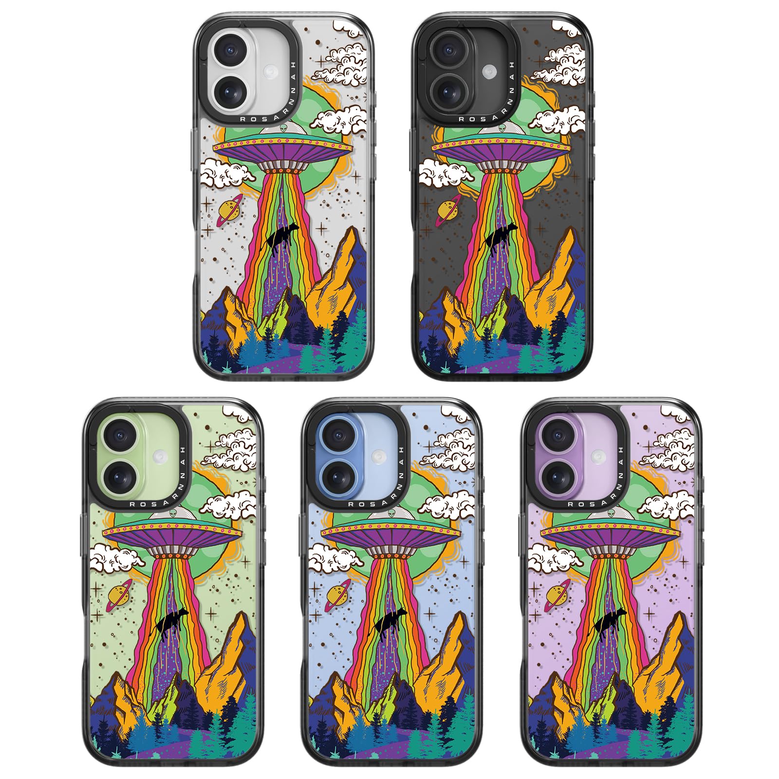 Rosarnnah 17BS - Funda compatible con iPhone – Funda duradera a prueba de golpes de impacto de caída de 6.5 pies – Negro divertido diseño OVNI para iPhone (6.1 pulgadas)