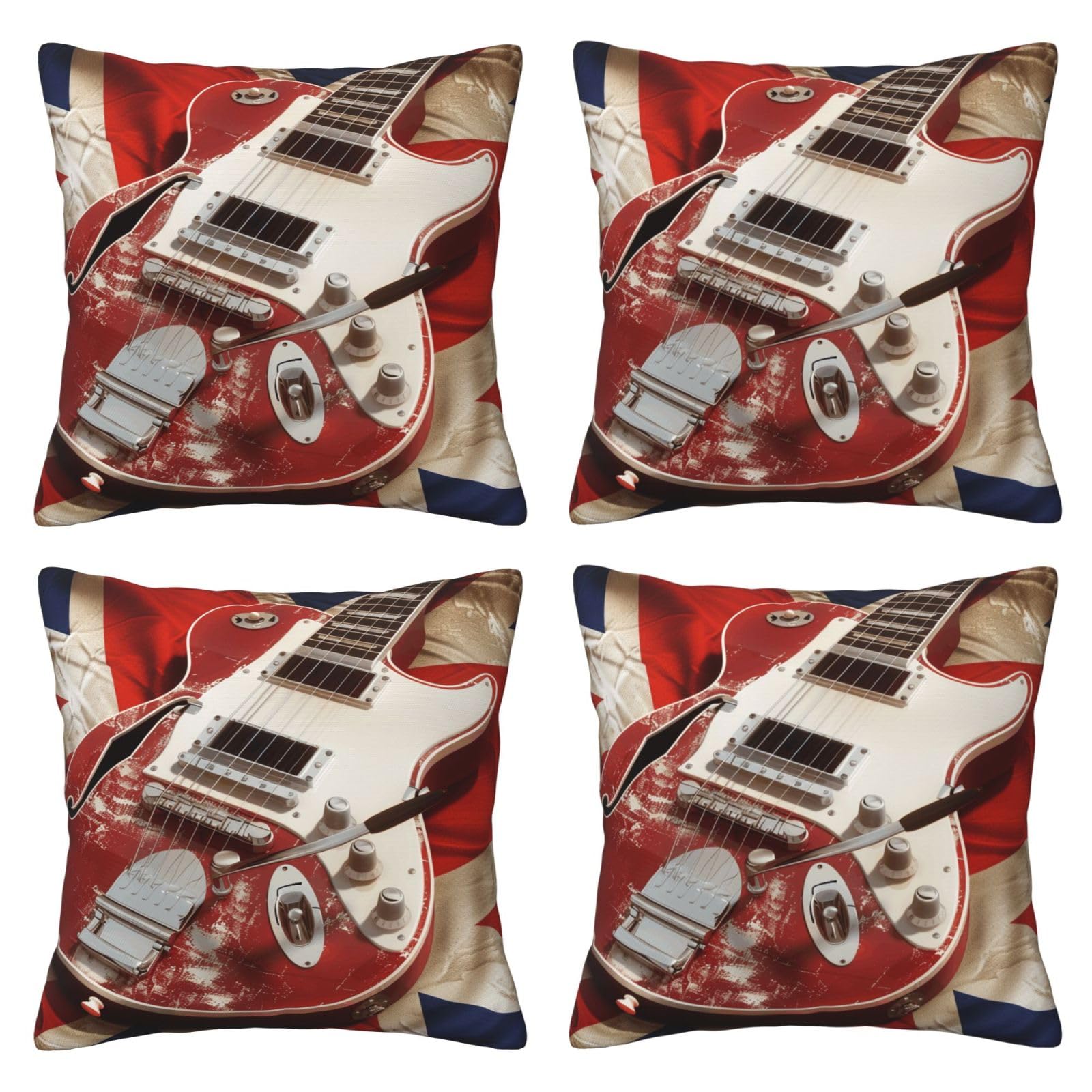 Guitar British Flag Throw Pillow Cases 4 Pack Square Pillowcases Super Soft Pillow Protectors With Zipper for Couch Livingroom Sofa Bed Office Car,45x45 CM