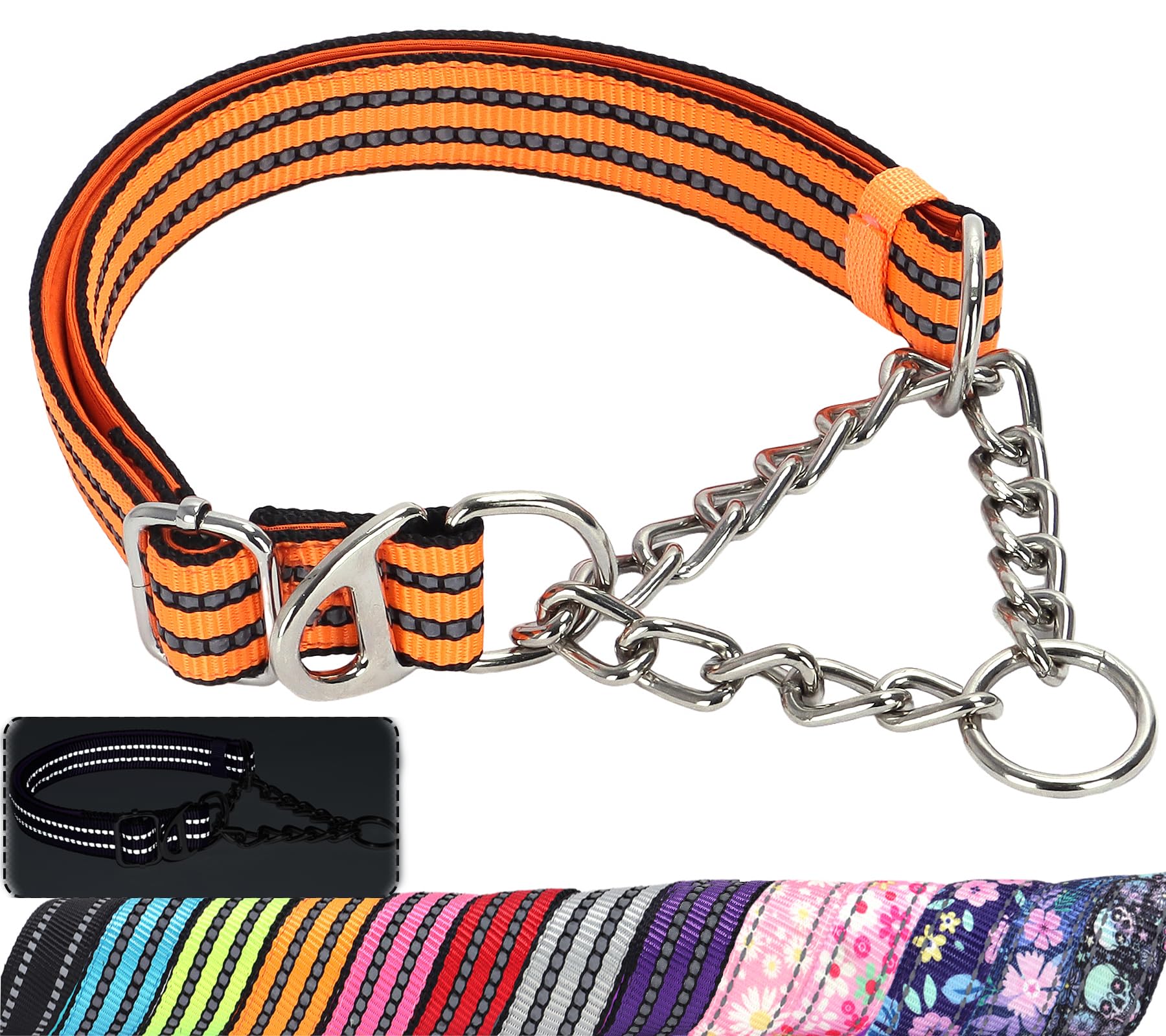 Martingale Collar for Dogs with Soft Padded,Trainer Approved Limited Slip Collar with Steel Chain,Reflective Adjustable Choke Dog Collar for Training,