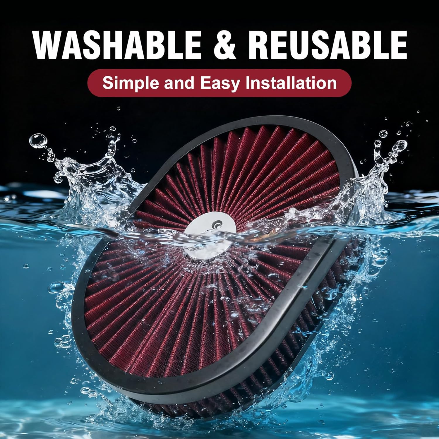 VIKKSAER Red 12"x2" Oval Air Cleaner Filter Assembly, 5-1/8" Carb Neck w/Flow-Thru Lid High Flow Chrome, Replacement for GMC Replacement for Chevy