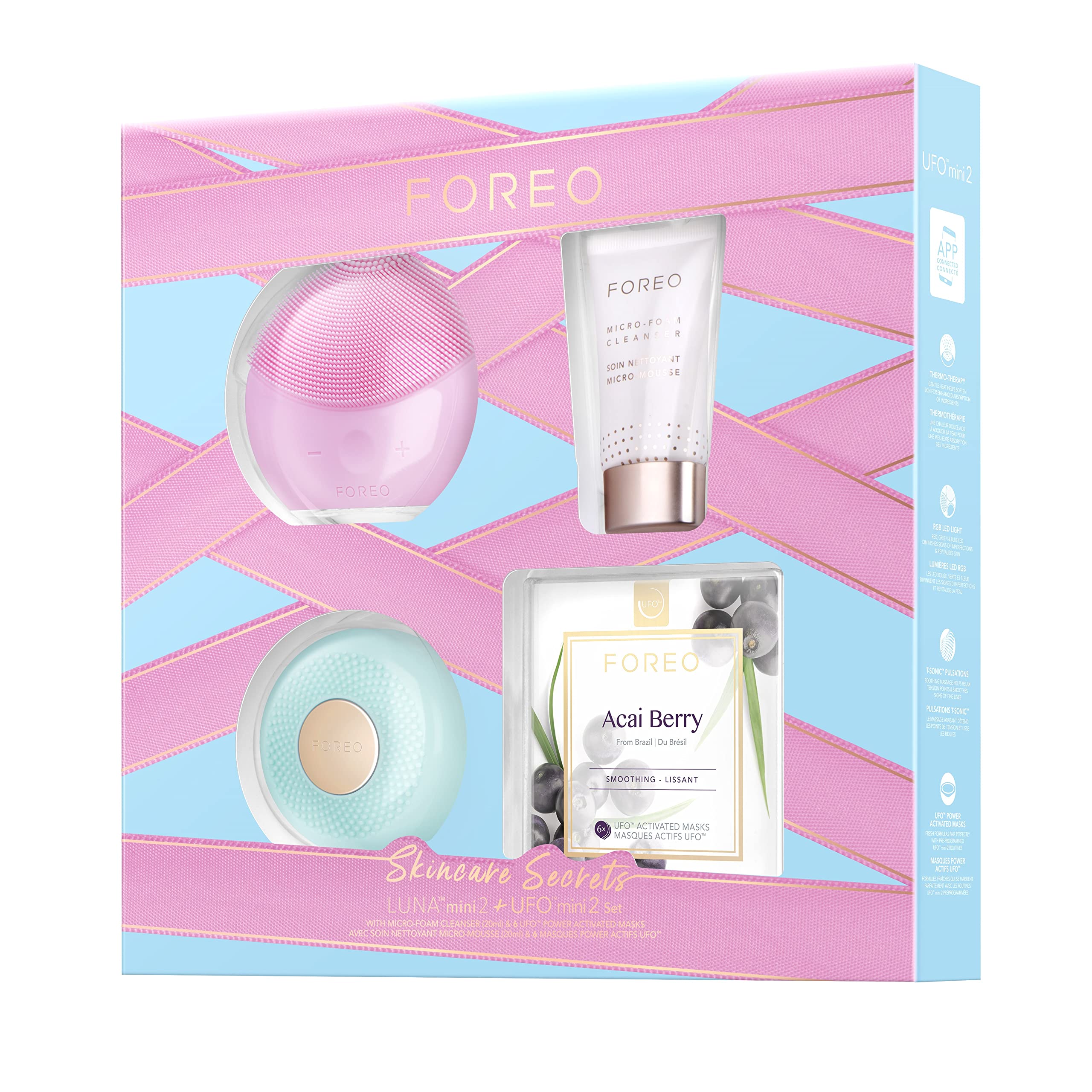 FOREO Skincare Secrets Gift Set: LUNA mini 2 Silicone Facial Cleansing Brush + UFO mini 2, Supercharged 2-min Full-Facial + Micro-Foam Cleanser 20ml + 6 Acai Berry UFO Power Activated Masks