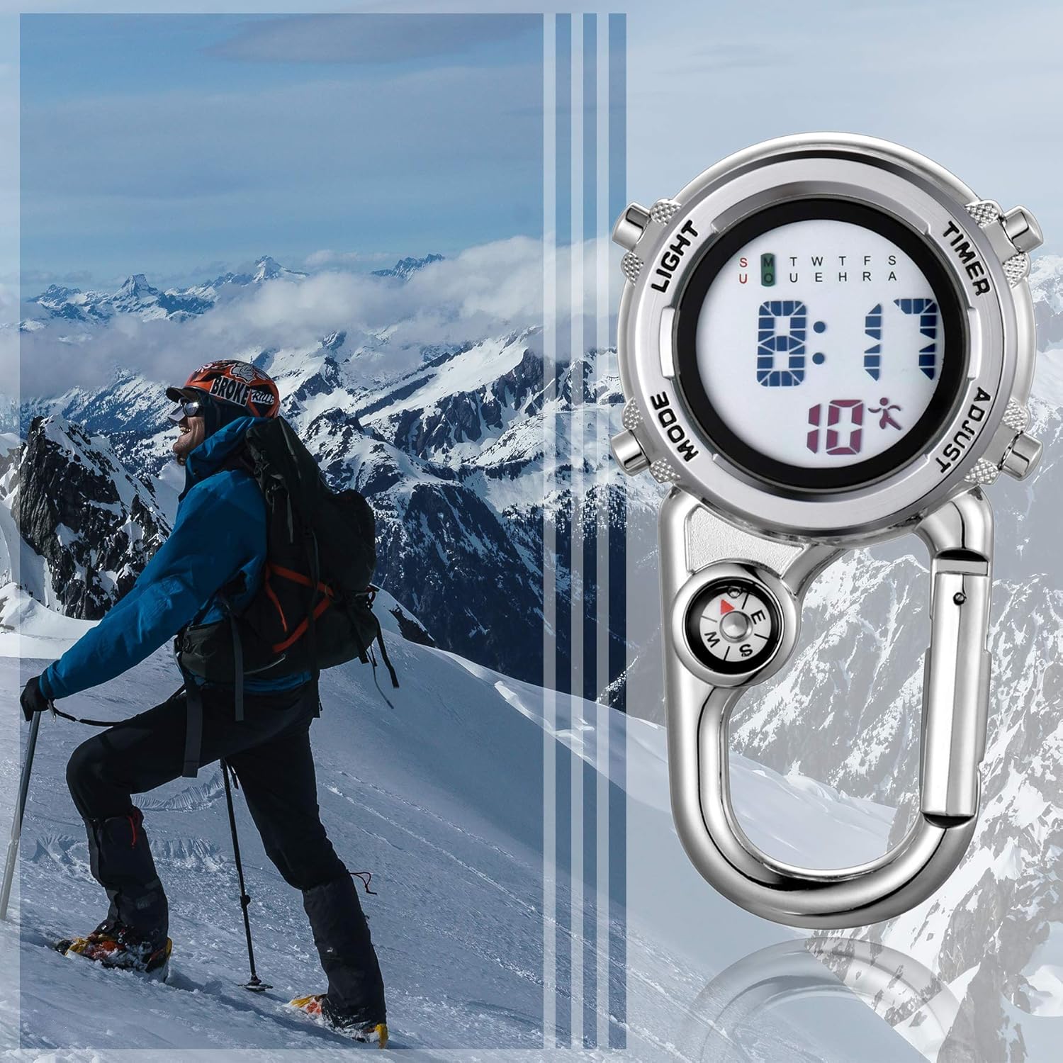 JewelryWe Mens Womens Digital Clip-on Watch Mini Microlight Backpack Buckle Belt fob Watch for Rock Climbing Doctors Nurses Chefs