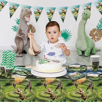 Birthday Decorations - Including Plates, Cups, Napkins, Tablecloths, Banner - Serve 20 (dinosaur)