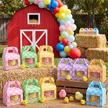 24 Pcs Chicken Party Favor Set Adopt a Chick Birthday Party Favors Treat Boxes with Window Foldable Treat Boxes with Raffia Grass and Net for Adopt a Farm Animal Basket Fillers