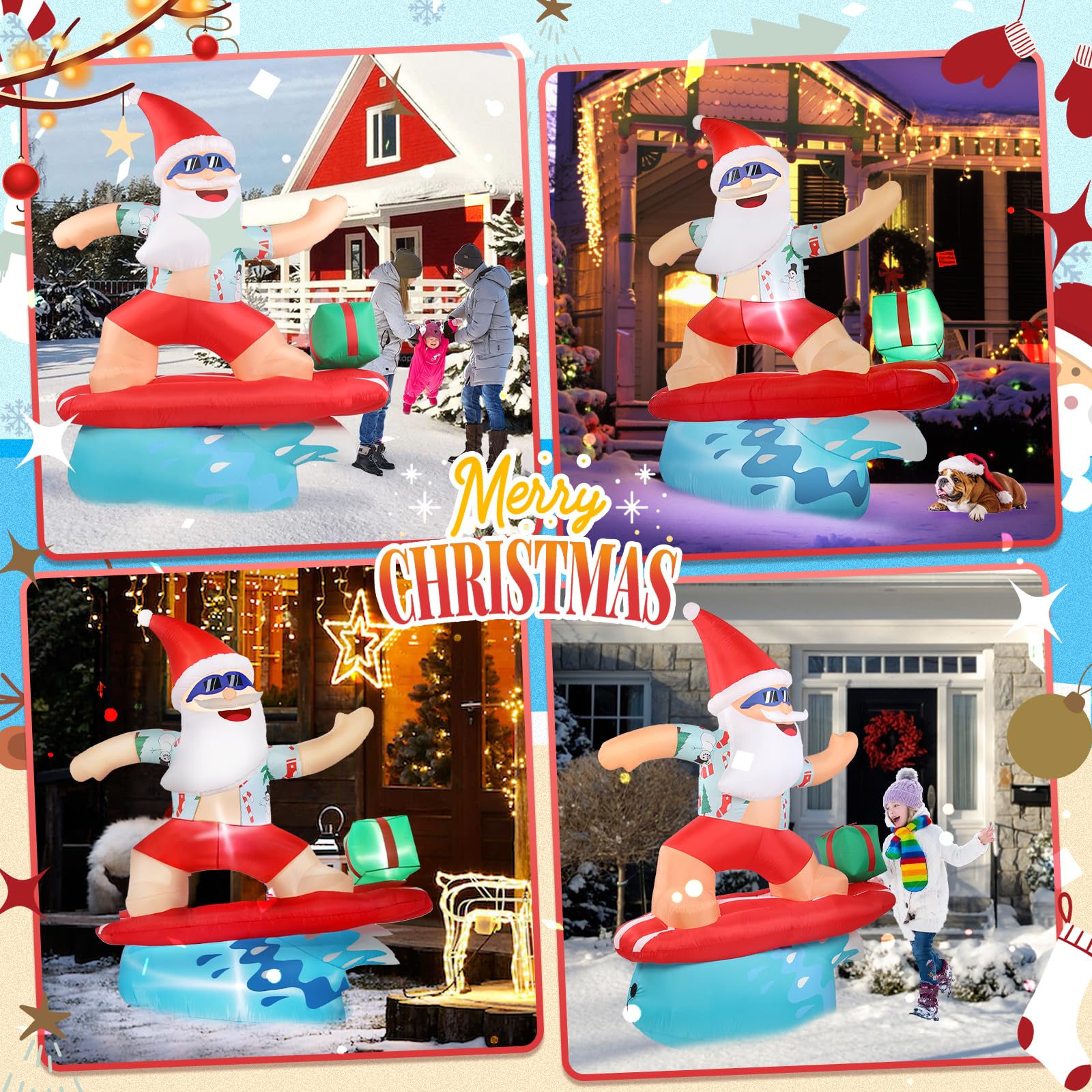 Decoraciones inflables de Navidad para exteriores, 1.8 m, gigante, para surf, Papá Noel, patio, inflables, playa tropical, luces LED, decoración para vacaciones, exteriores, césped, vacaciones