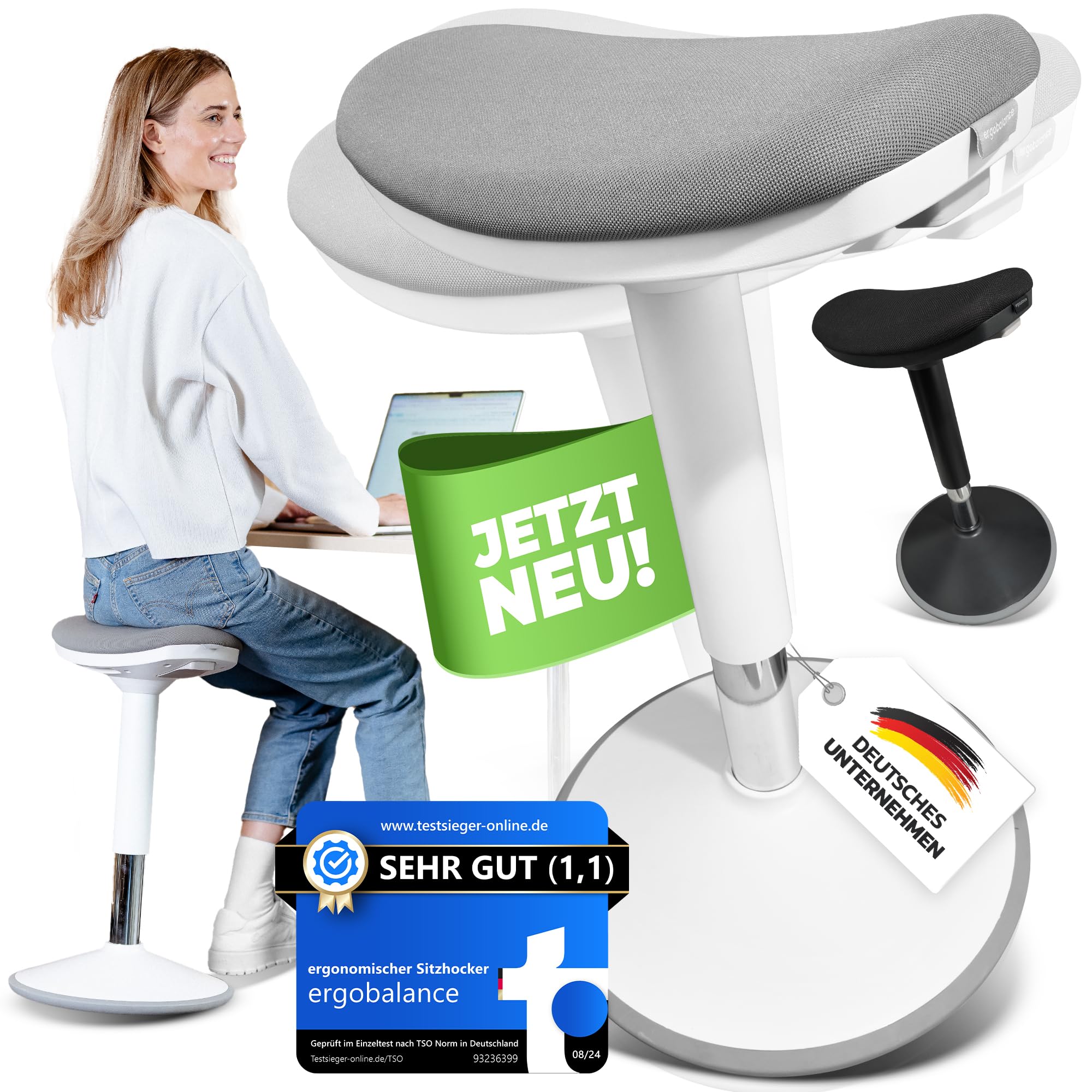 Taburete ergonómico de oficina [2 posiciones] Taburete de asiento ajustable en altura [43 – 63 cm] Taburete para sentarse activamente | Base antideslizante