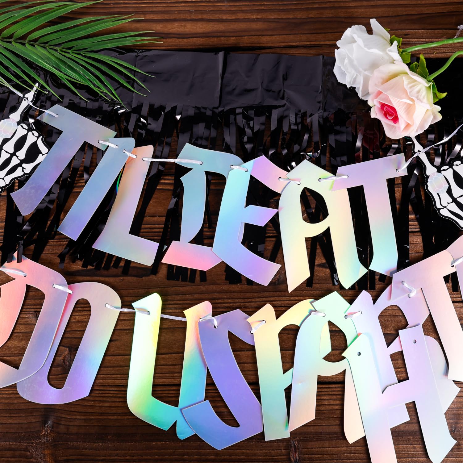 PEUTIER Til Death Do Us Party Banner with Fringe Garland, Black & Iridescent, Wedding & Halloween Party Decoration Sign - Image 4