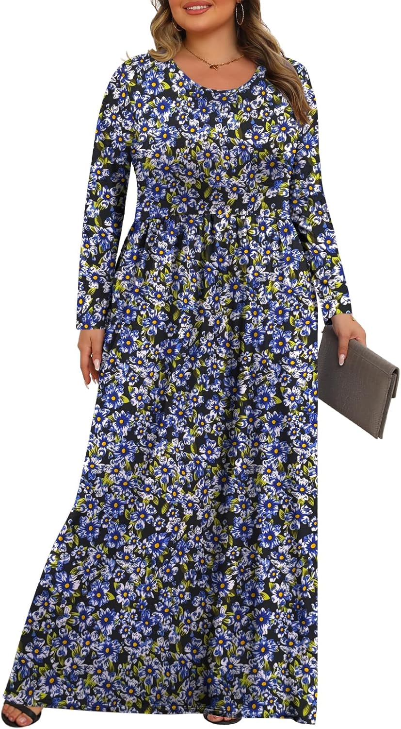 Tencede Womens Plus Size Maxi Dresses Long Sleeve with Pockets Casual Long Dress 1X-5X - Image 3