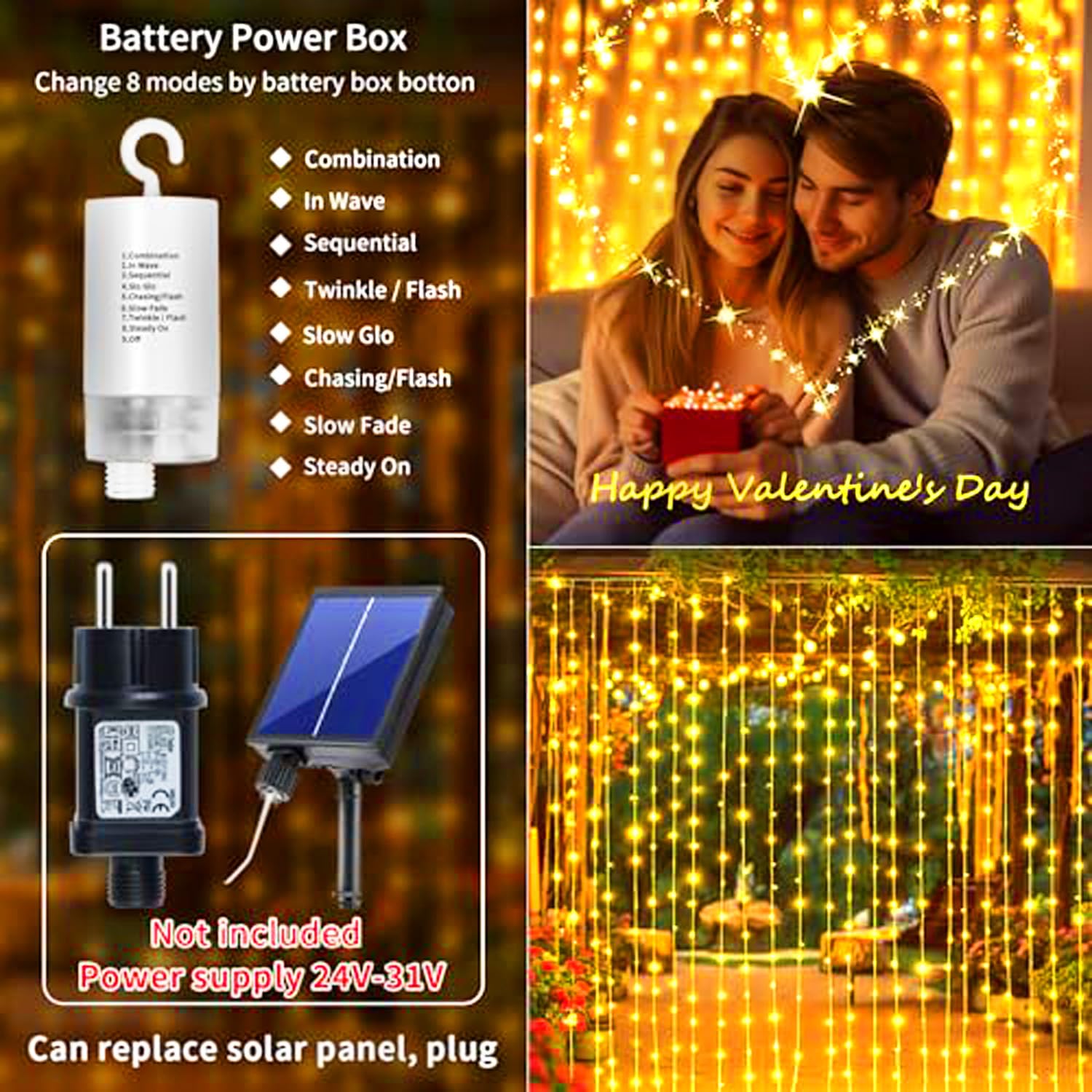 Vorhang Lichter batteriebetrieben, 6x3m 600LED Fee Vorhang Lichter im Freien wasserdicht mit Fernbedienung, 8 Modi Wasserfall Garten String Lichter für Patio Gazebo Party Valentinstag