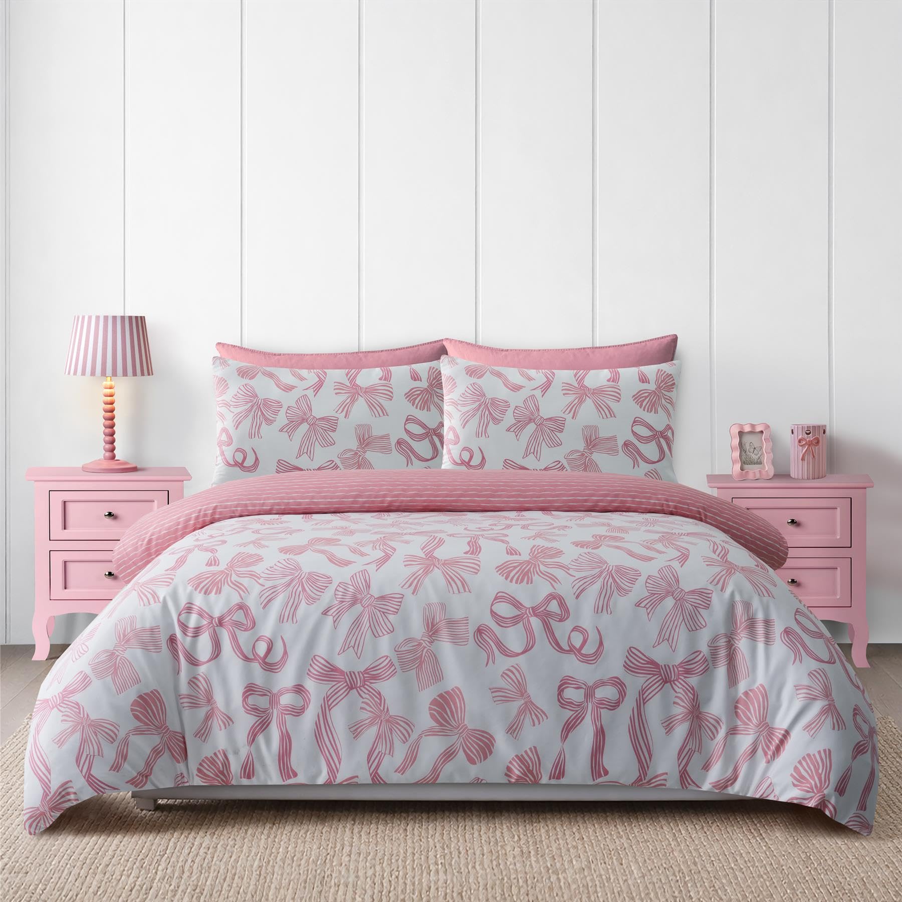 Adore Home Pink & White Bows Single Duvet Cover Set Reversible Microfibre Bedding Soft Warm Includes Pillowcases