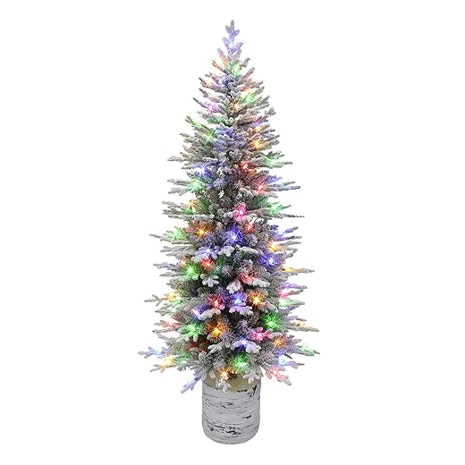 6 ft Pre-lit Potted Flocked Arctic Fir Pencil Tree, 1430 Tips, 120 Color Select LED Lights, UL Listed Adaptor
