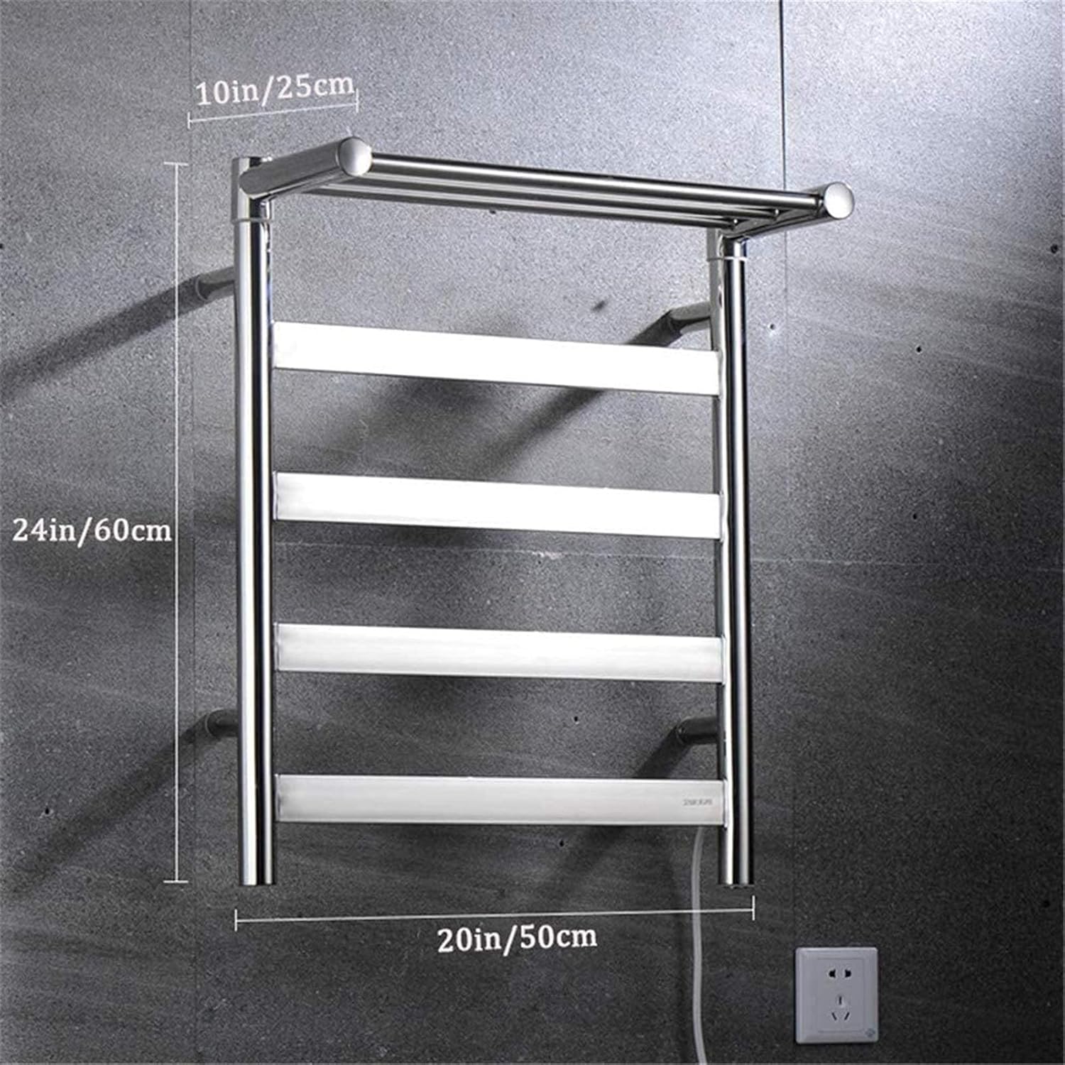 Heated Towel Rail Rails Towel Warmer Drying Rack Electric 304 Stainless Steel Tower Warmer with Top Shelf Wall-Mounted for Bathroom 4 Bars 600 500 250Mm